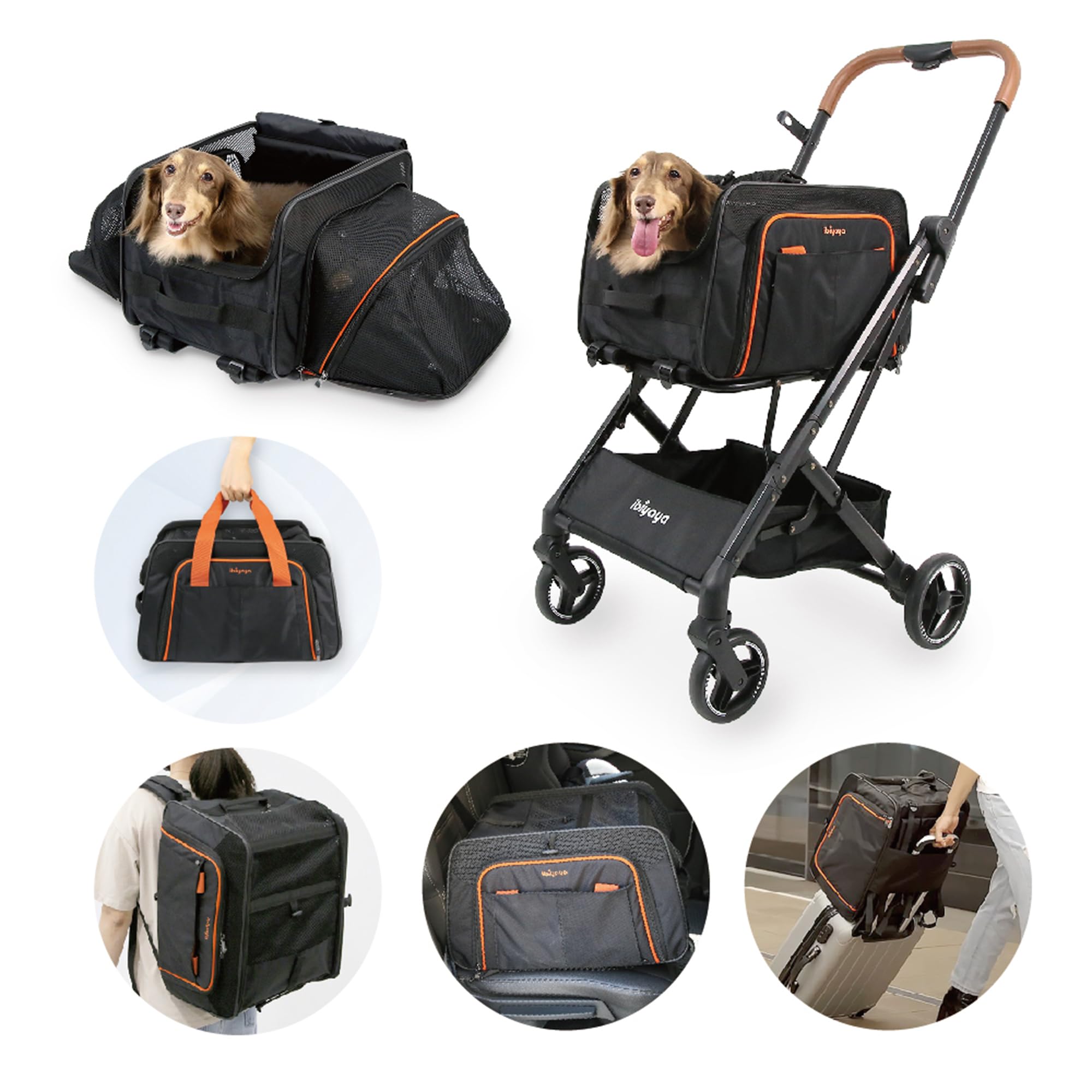 ibiyaya - Compact 3-in-1 Convertible and Foldable Small Pet Carrier and Stroller Combo System, Travel Friendly Cat Stroller and Dog Stroller - Pets up to 17 Pounds - Black