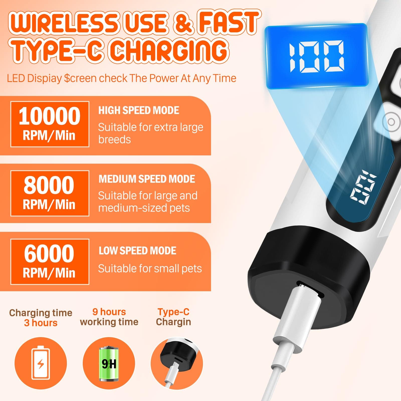 Dog Nail Grinder Electric Powerful 3 Speeds Dog Nail Clippers with Lights Quiet Cat Nail Clipper Painless Care Trimmers Tools for Small Medium Large Dogs and Cats (Black) - image 6