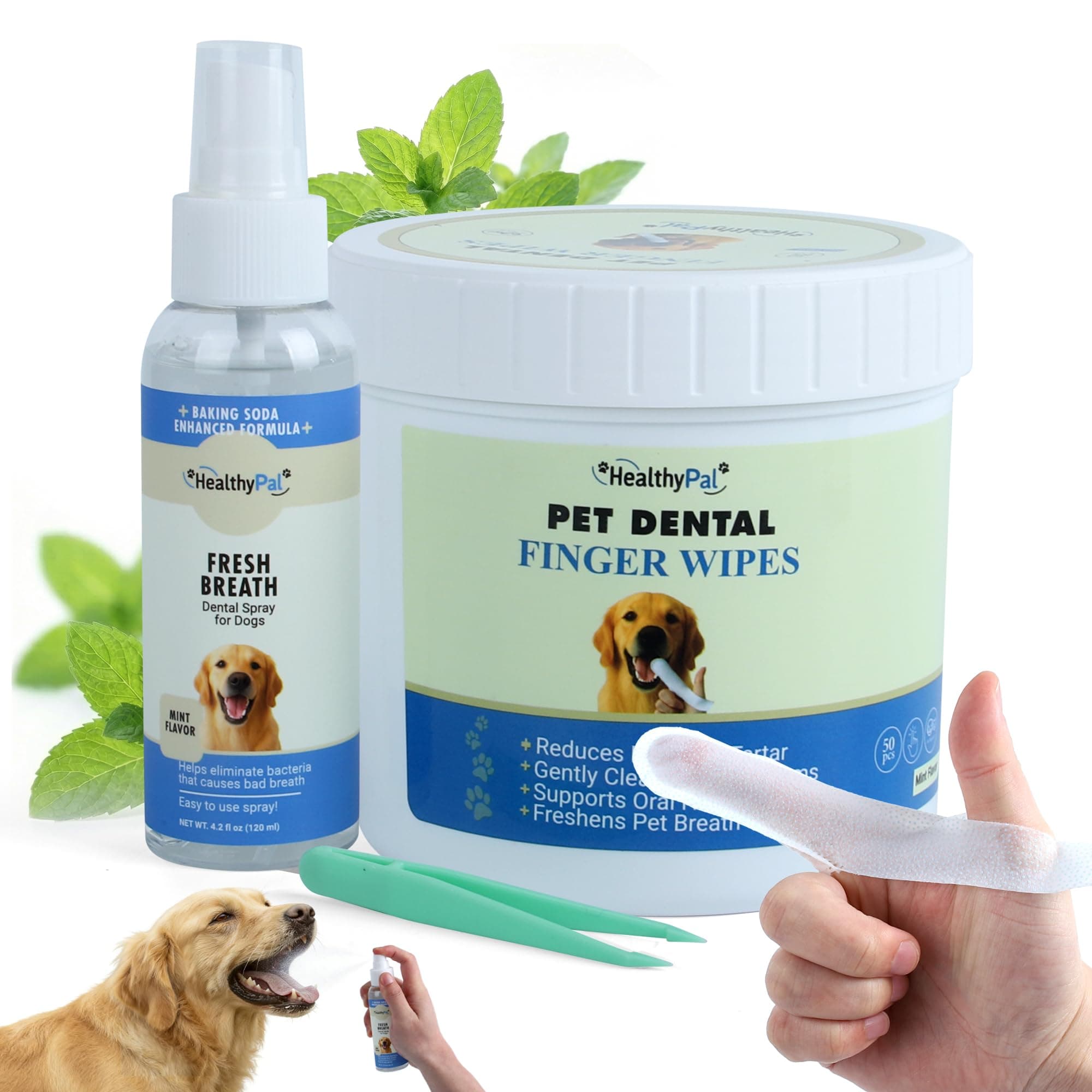 Pet Dental Finger Wipes for Dogs & Cats – 50 Mint Flavor Dog Dental Wipes + Mint Fresh Breath Spray, Dog Tooth Brushing Kit, Helps Remove Bad Breath & Plaque & Tartar Buildup