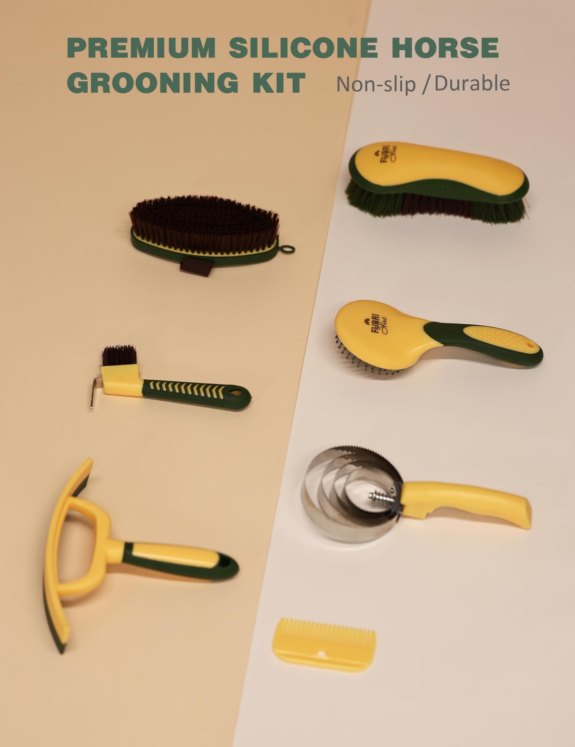 9-Piece Horse Grooming Brush Kit, Silicone Curry Comb & Grooming Brushes for Daily Care, Bathing & Shedding Pasture Glow - image 3