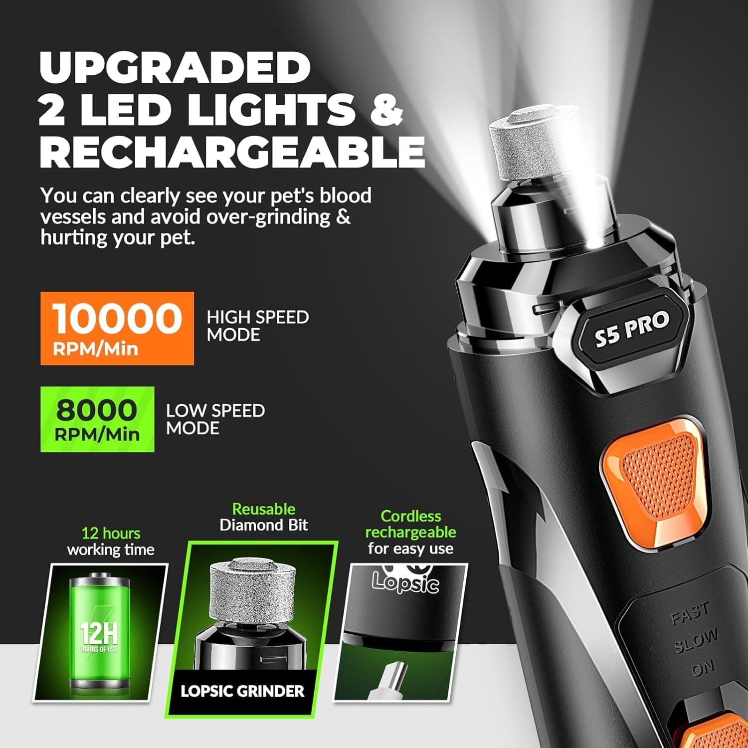 Whisper Quiet Dog Nail Grinder with LED Light, Safe & Stress-Free for Sensitive Dogs of All Breeds & Sizes, 3 Grinding Bits, 2-Speed, Pet Nail Trimmers, Rechargeable Painless Grooming Kit - image 3