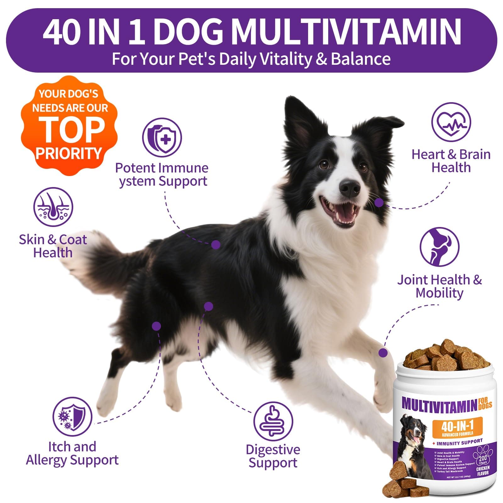 40 in 1 Dog Vitamins and Supplements 200Ct Dog Multivitamin Chewable, Immunity Support Multivitamin Vitamins with Turkey Tail Mushroom, Skin & Coat, Mobility, Gut & Heart Health, Hip & Joint Support - image 2