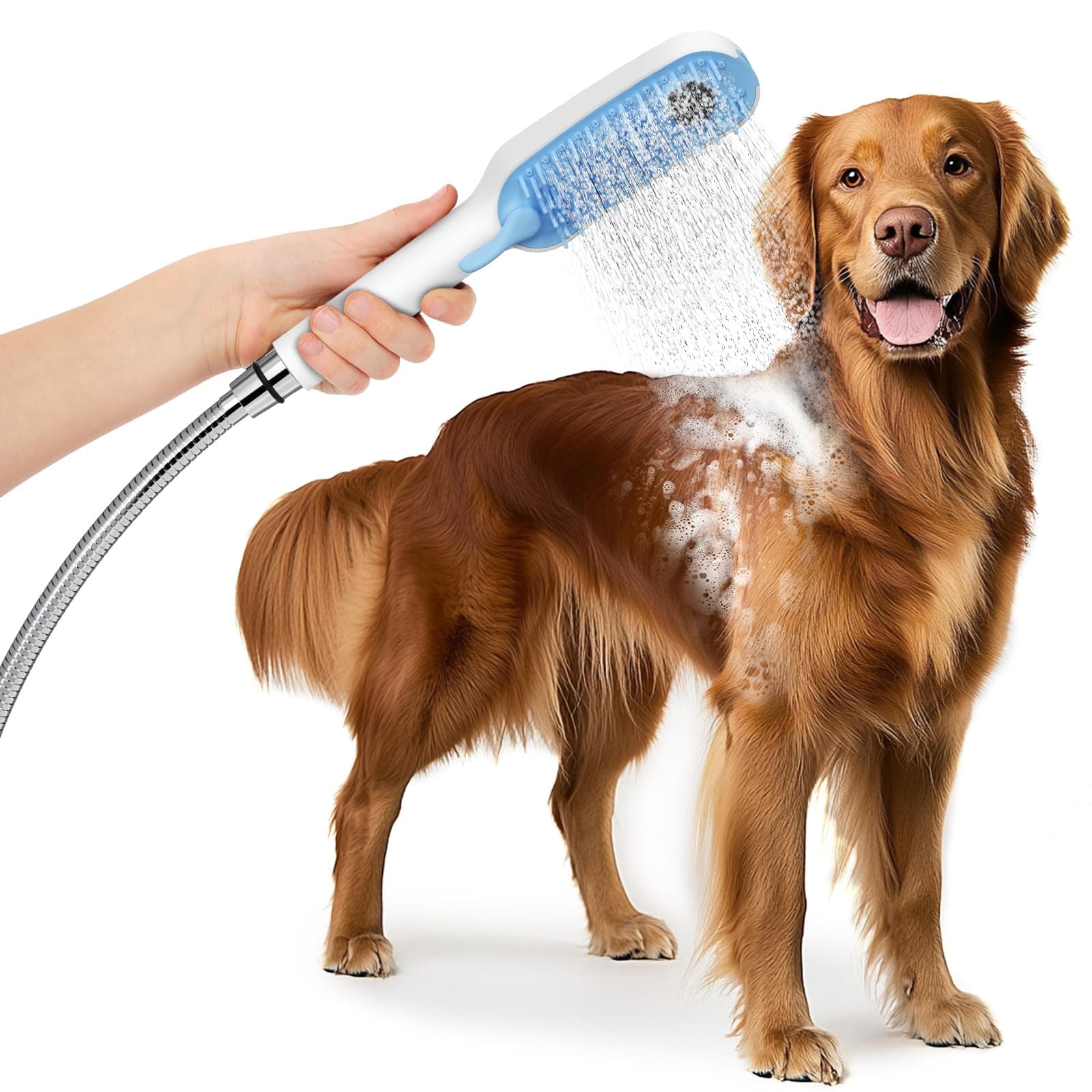 SR SUN RISE Dog Shower Attachment for Thick Haired Dogs, 4 Spray Mode Pet Bath Sprayer with Stainless Steel Diverter Valve & 6.5 Foot Hose, Indoor & Outdoor Dog Washing Grooming Supplies, Blue/White