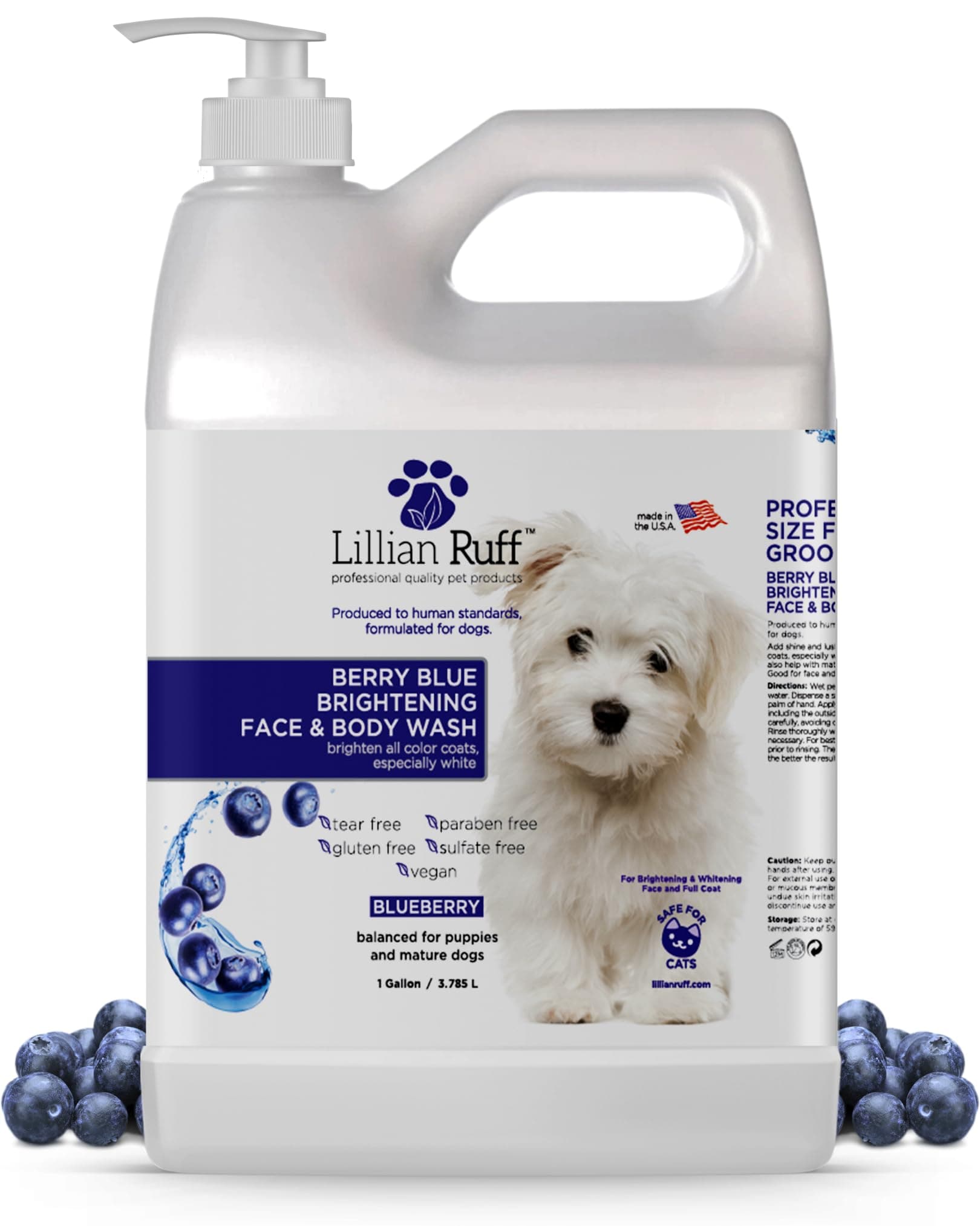 Lillian Ruff PRO Formula Berry Blue Brightening Pet Shampoo - Ultra-Hydrating Professional Whitening Dog Shampoo, Vivid Show-Quality Coat Enhancer, Tear Stain & Odor Eliminator, Vitamin B5, 128oz+Pump
