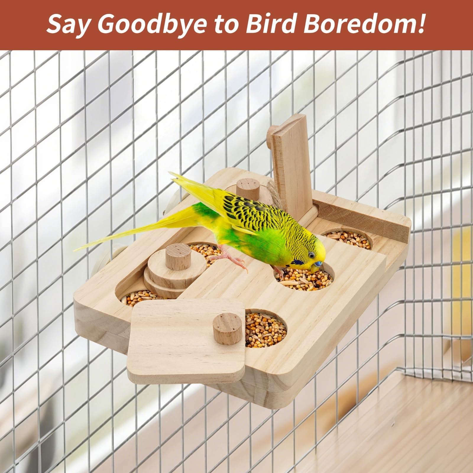 Wooden Bird Foraging Puzzle Toys for Small Parrots, Foraging Toys for Birds, Interactive Mental Enrichment and Seed Feeder Toy for Budgies, Parrotlets, Cage Foraging Training Toy (7.2" x 5.4" x 1.3") - image 4