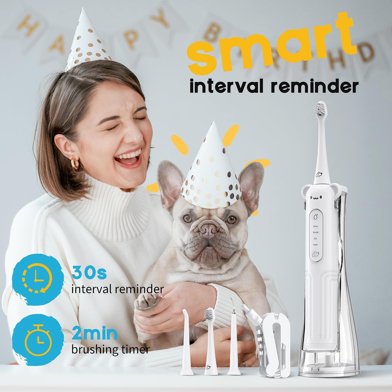 Dog Tooth Brushing Kit, 3-in-1 Dog Electric Toothbrush with Water Flosser, Dog Teeth Cleaning Tools with 3 Modes, Deep Cleaning Kit for Dogs and Cats, IPX7, 1100mAh Battery, White - image 7