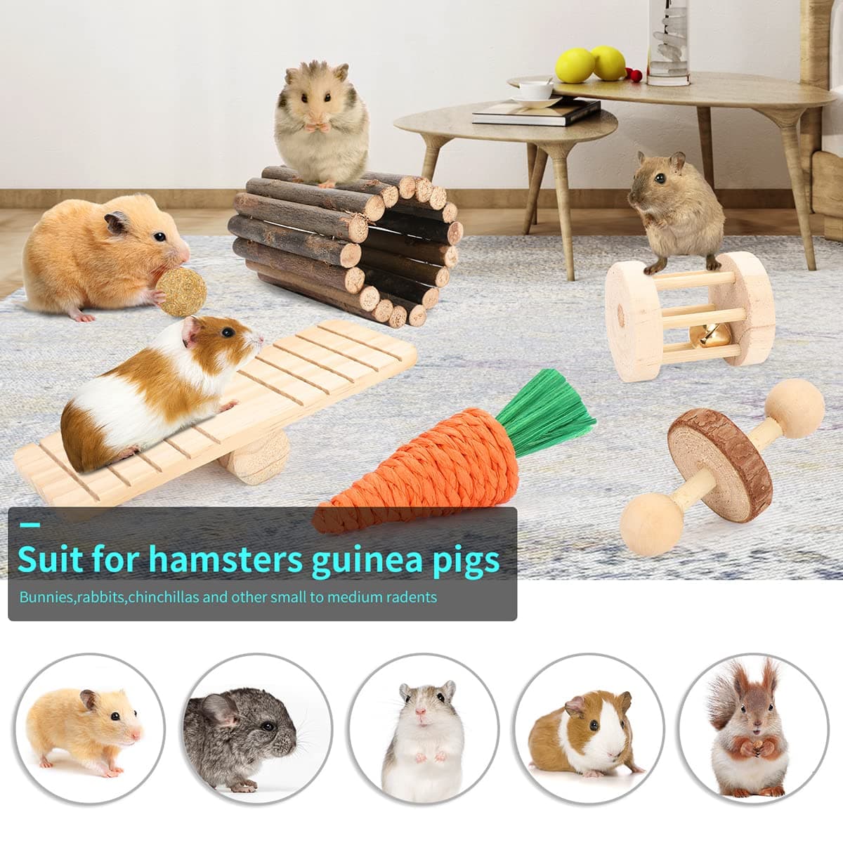Hamster Cage Accessories, 12 Different Chew Toys for Guinea Pig, Chinchillas, Gerbils, Mice, Rats, Mouse, Rabbit, Bunny Hideout Seesaw, Natural Molar Tools - image 3