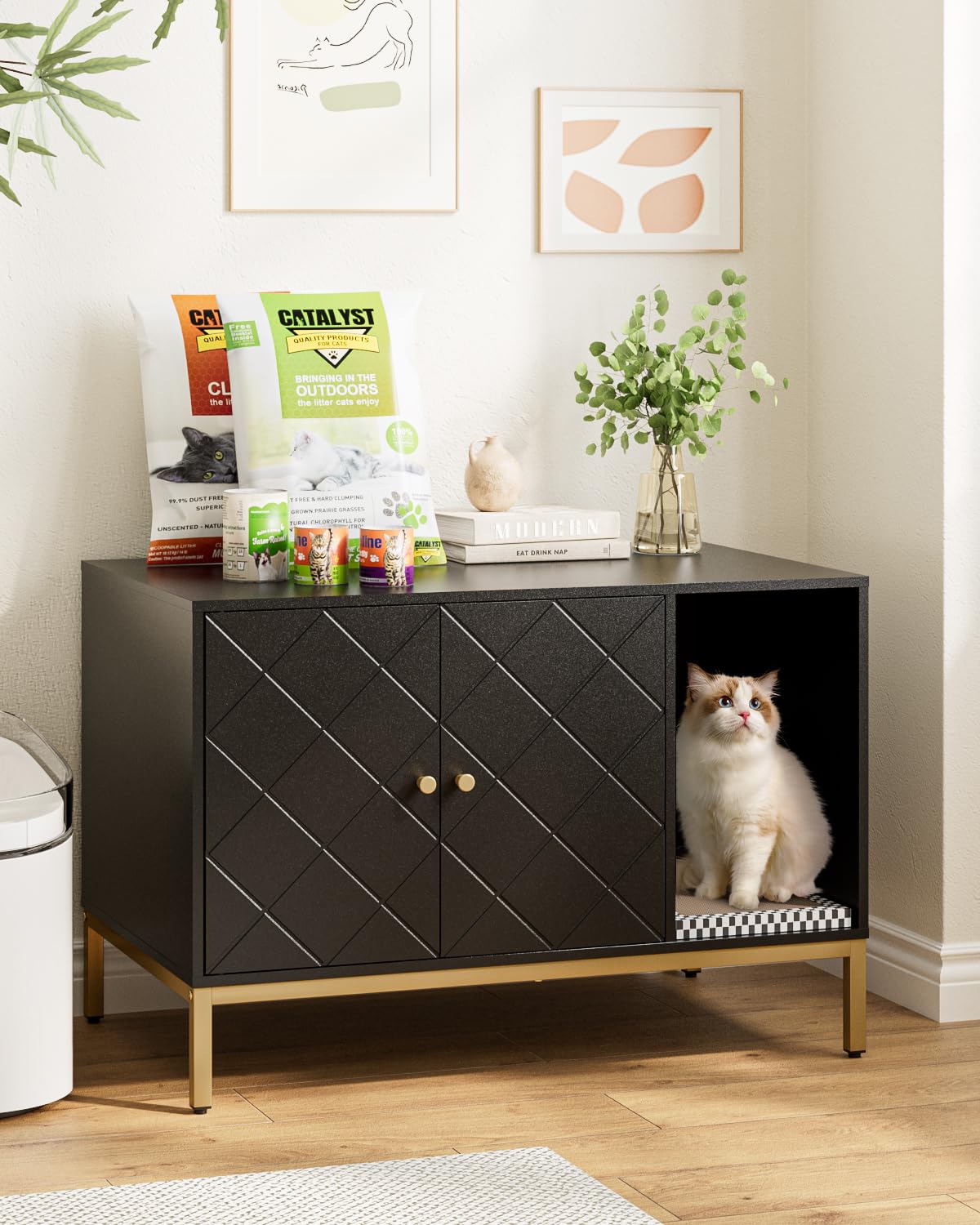Cat Litter Box Enclosure, Modern Hidden Litter Box Furniture with Scratching Pad, Cat House with Gold Metal Legs, Fit Most of Litter Box, Black