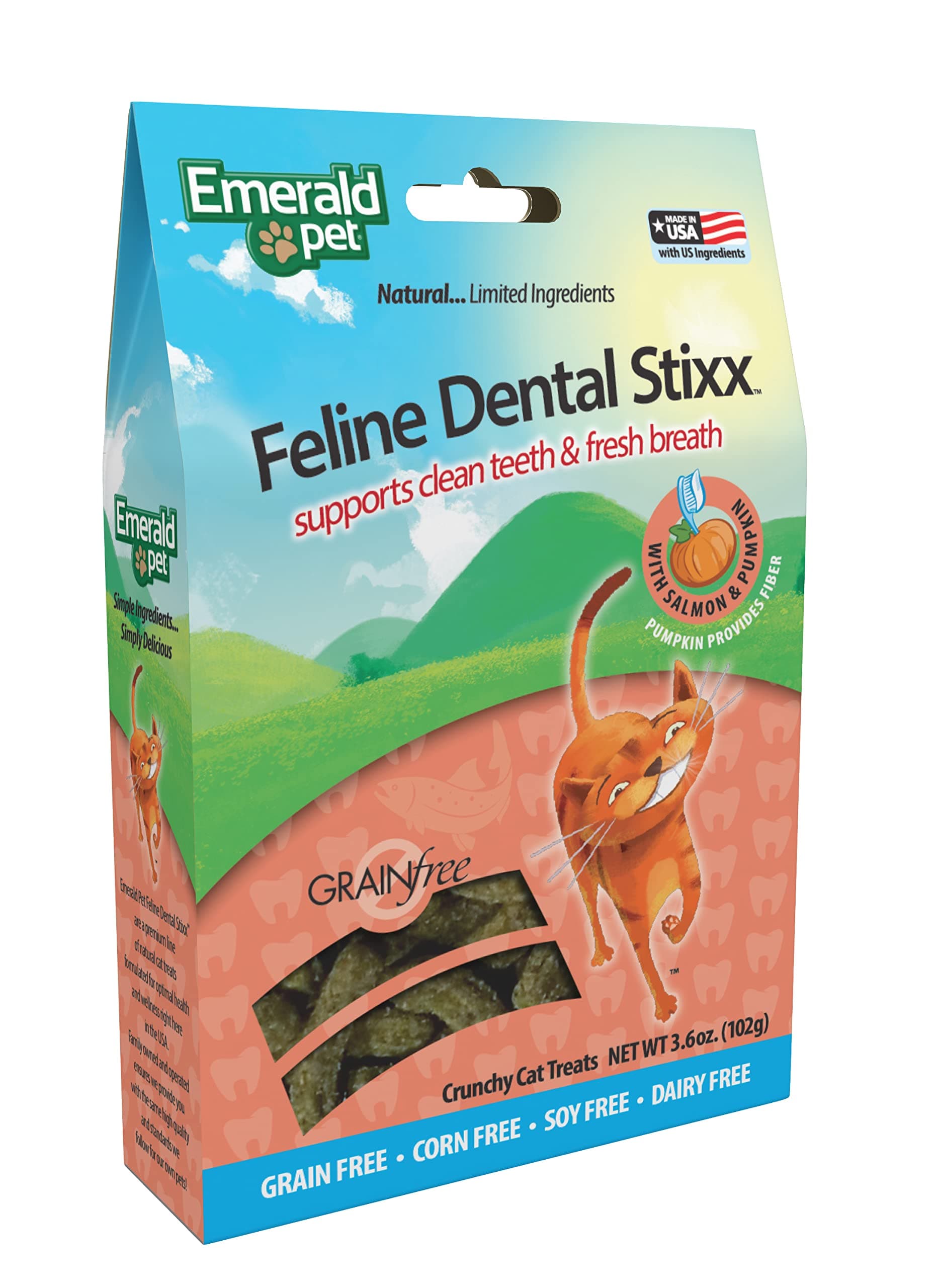 Emerald Pet Feline Dental Stixx — Tasty and Crunchy Cat Sticks with Pumpkin for Digestive Health — Natural Grain Free Dental Treats for Clean Teeth and Fresh Breath — Salmon, 3.6 oz - image 2