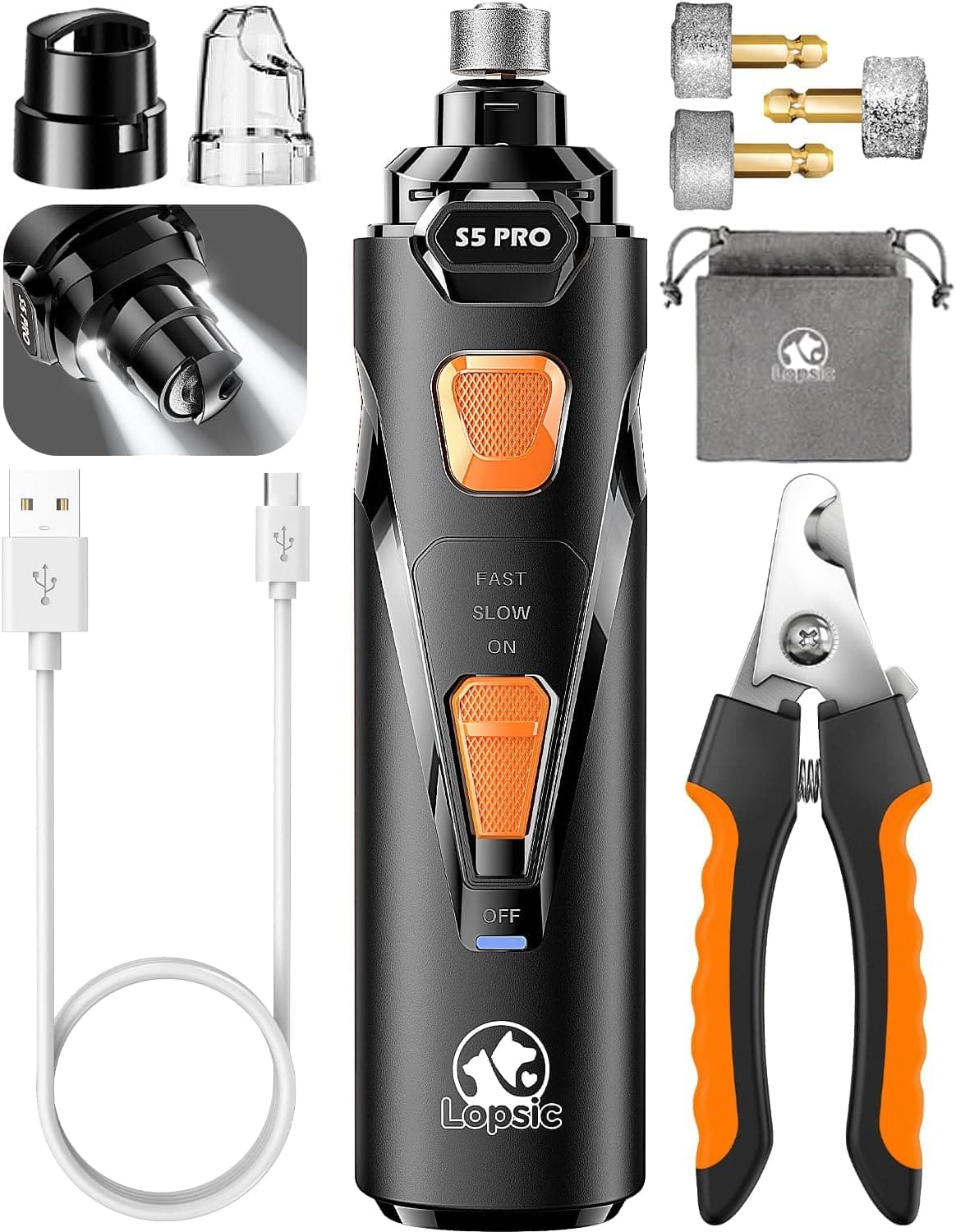 Whisper Quiet Dog Nail Grinder with LED Light, Safe & Stress-Free for Sensitive Dogs of All Breeds & Sizes, 3 Grinding Bits, 2-Speed, Pet Nail Trimmers, Rechargeable Painless Grooming Kit