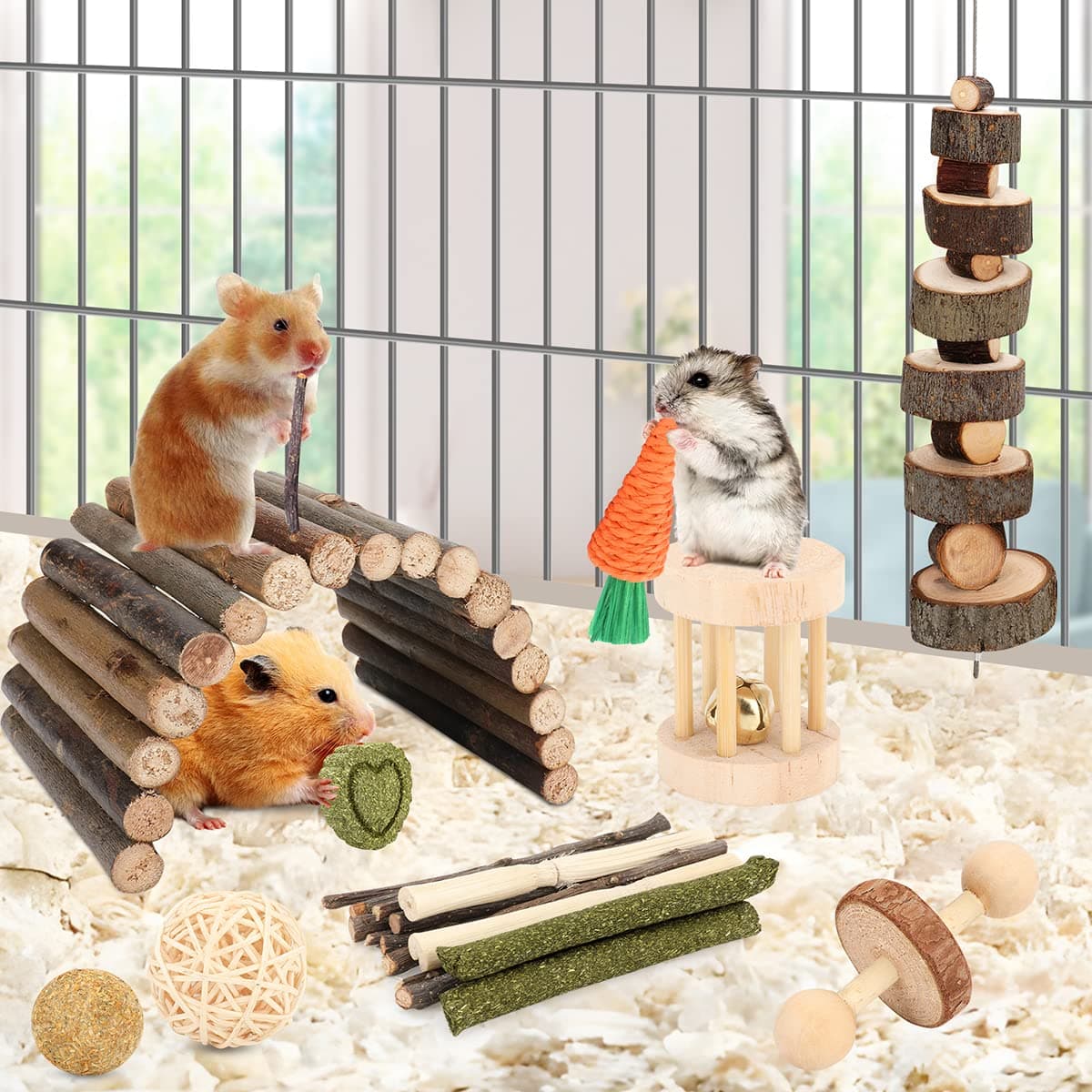 Hamster Cage Accessories, 12 Different Chew Toys for Guinea Pig, Chinchillas, Gerbils, Mice, Rats, Mouse, Rabbit, Bunny Hideout Seesaw, Natural Molar Tools - image 2