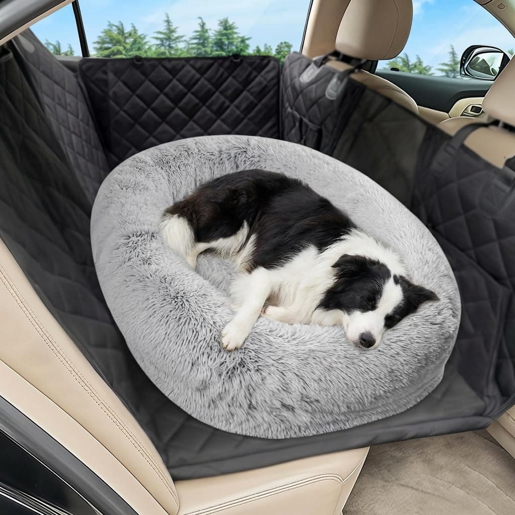 Loiion Premium Plush Orthopedic Car Dog Bed for Large Dogs, Dog Car Bed with Waterproof Liner & Non-Slip Base | Washable Faux Fur Travel Bed for SUV/Sedan Backseat (Light Grey, Medium)