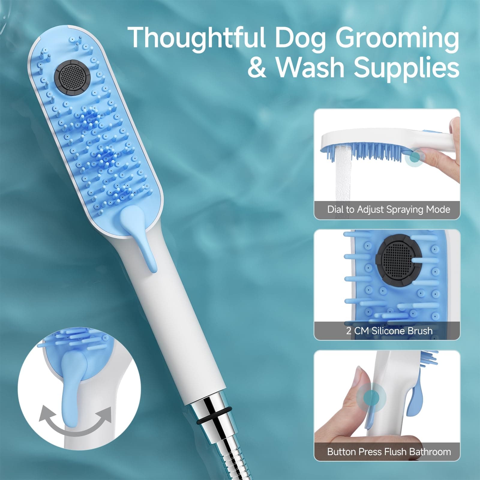 SR SUN RISE Dog Shower Attachment for Thick Haired Dogs, 4 Spray Mode Pet Bath Sprayer with Stainless Steel Diverter Valve & 6.5 Foot Hose, Indoor & Outdoor Dog Washing Grooming Supplies, Blue/White - image 3