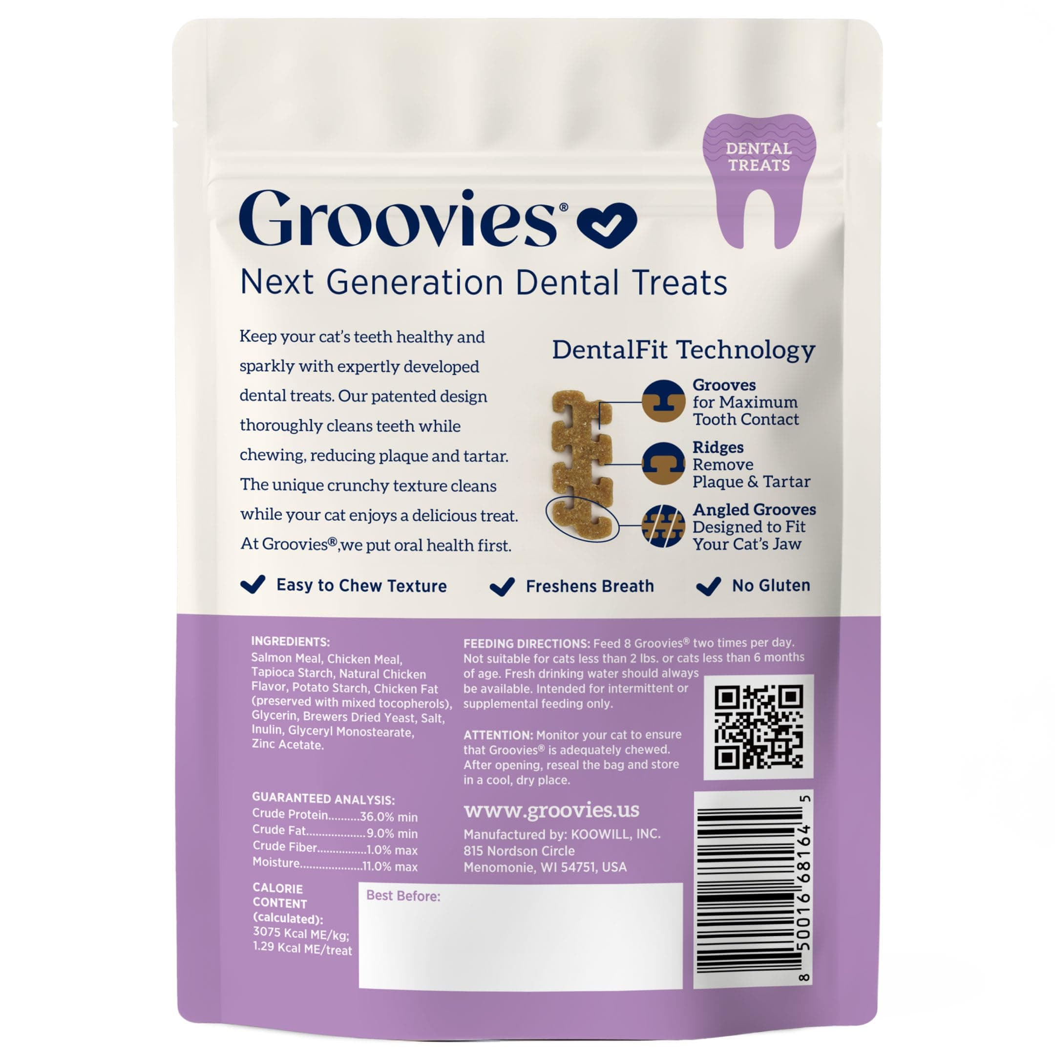 Groovies Cat Daily Dental Treats. Tasty, Crunchy Bites Cats Love. Salmon Flavor. Powered by USA-Patented DentalFit Technology. No Added Gluten, No Artificial Flavors or Colors. 1.76oz (115 Treats) - image 2