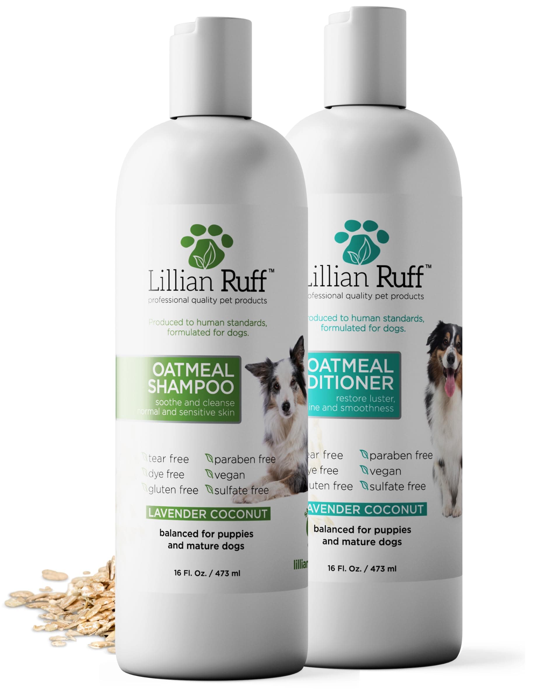 Lillian Ruff PRO Formula Deodorizing Oatmeal Dog Shampoo & Conditioner Set - Calm Itching & Allergies, Ultra-Nourishing Dry Skin Relief - Oatmeal, Aloe, Coconut Oil, Lavender & Provitamin B5, USA Made