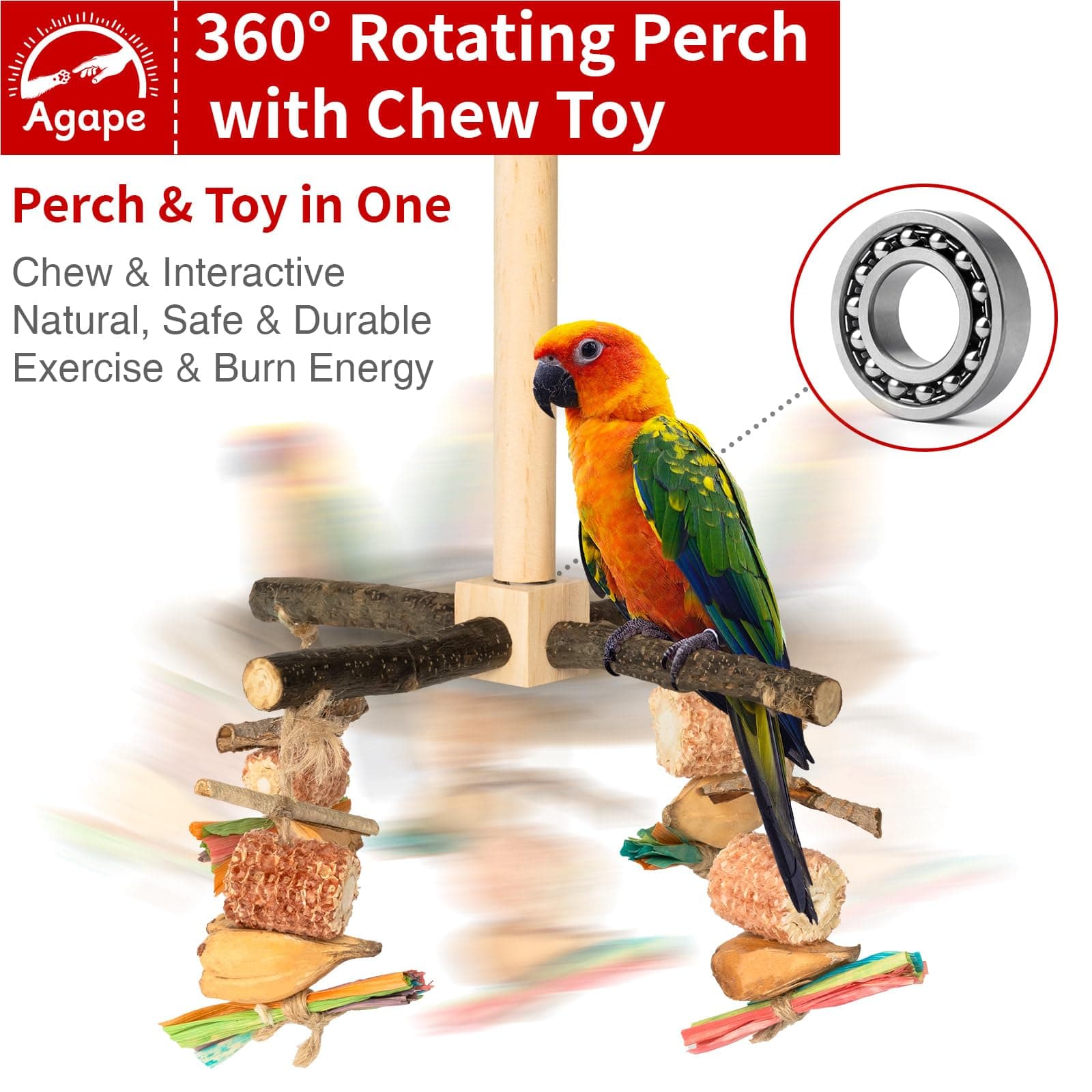 Agape Rotating Parrot Perch Toy with Chew Toy, Natural Wooden Perch Stand for Small & Medium Birds, Bird Cage Accessory with Exercise Wheel for Parakeets Cockatiels Lovebirds Conures Finches Budgies - image 2