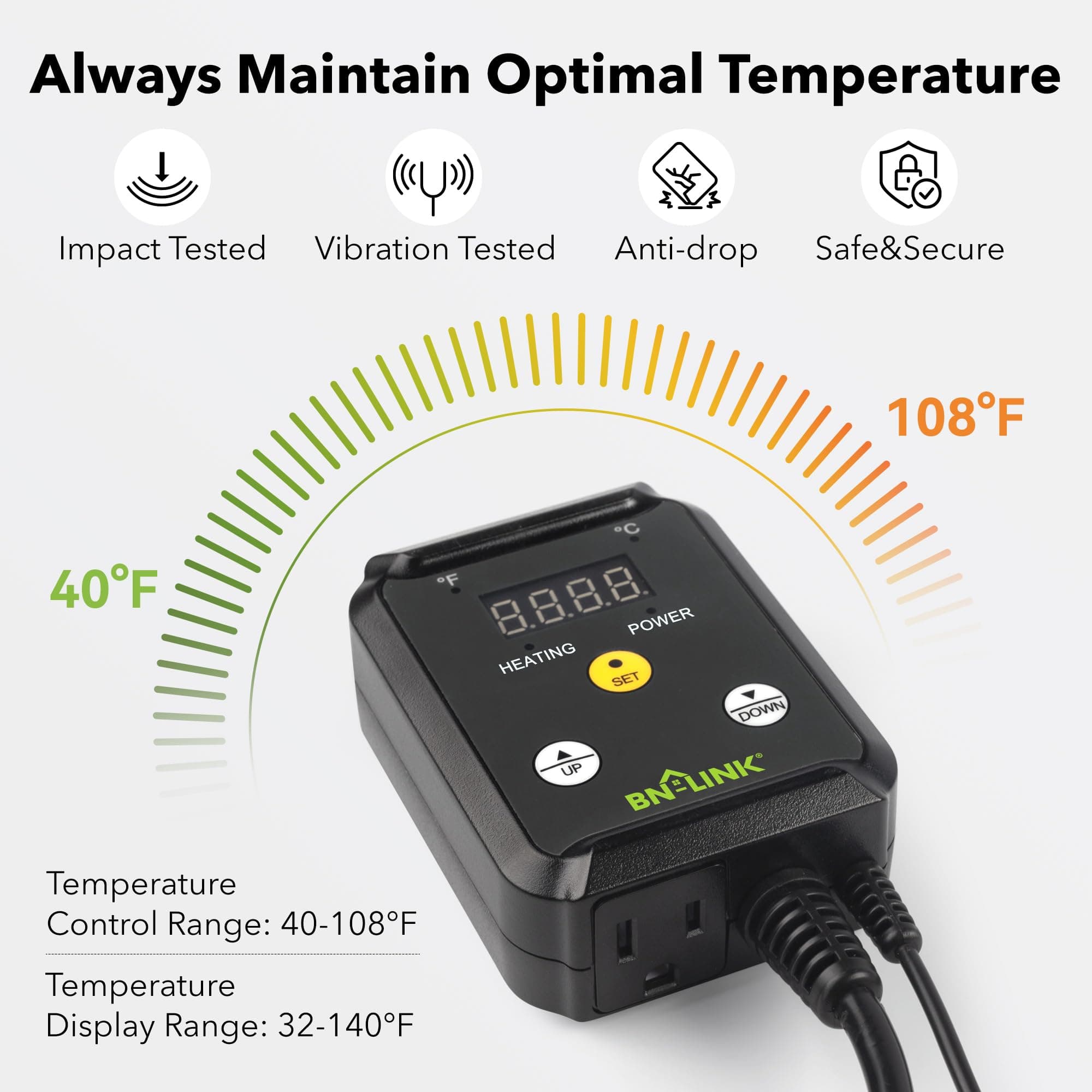 BN-LINK Reptile Thermostat Temperature Controller, Digital Heat Mat Thermostat for Seed Starting, Plant Germination, Greenhouse, Incubator, Brooder, Brewing, Reptiles Tank,40-108°F, 1000W, ETL Listed - image 3