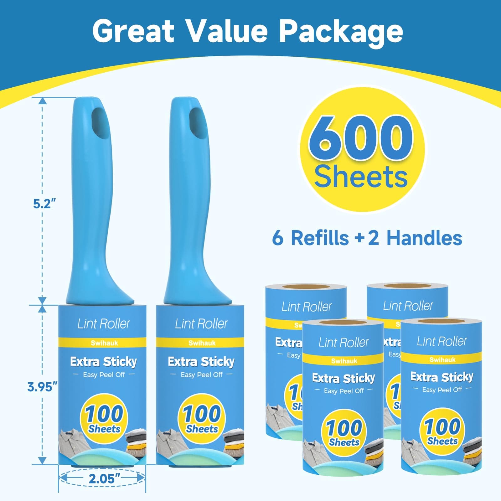 Swihauk 600 Sheets Extra Sticky Lint Rollers for Pet Hair, Easy Spiral Tear Lint Roller for Clothes with Ergonomic Handle, Multipurpose Lint Remover for Furniture, Carpet, Car Seat - image 2