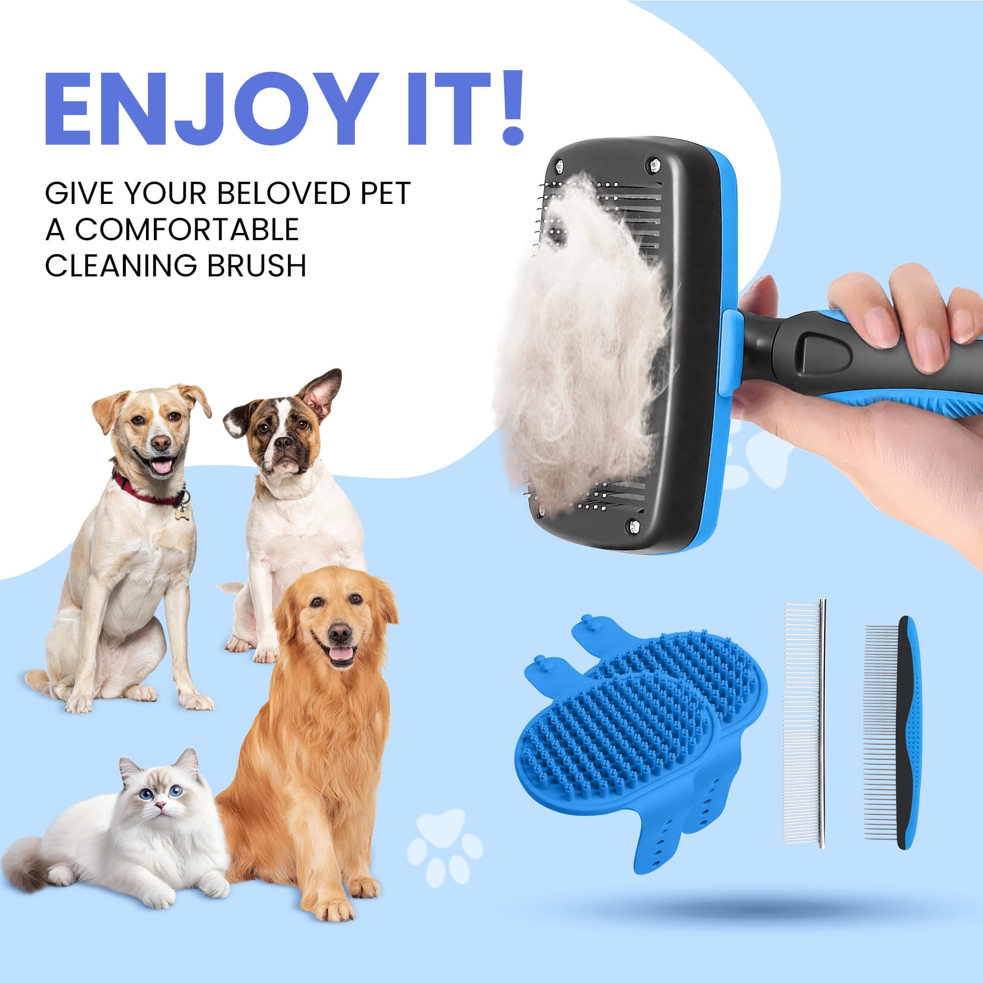 Self Cleaning Shedding Brush - 5-in-1 Professional Pet Grooming Kit Skin Friendly Grooming Tool for Dogs, Cats, and Puppies, Deshedding and Hair Removal for Long and Short Haired Pets, Blue - image 4