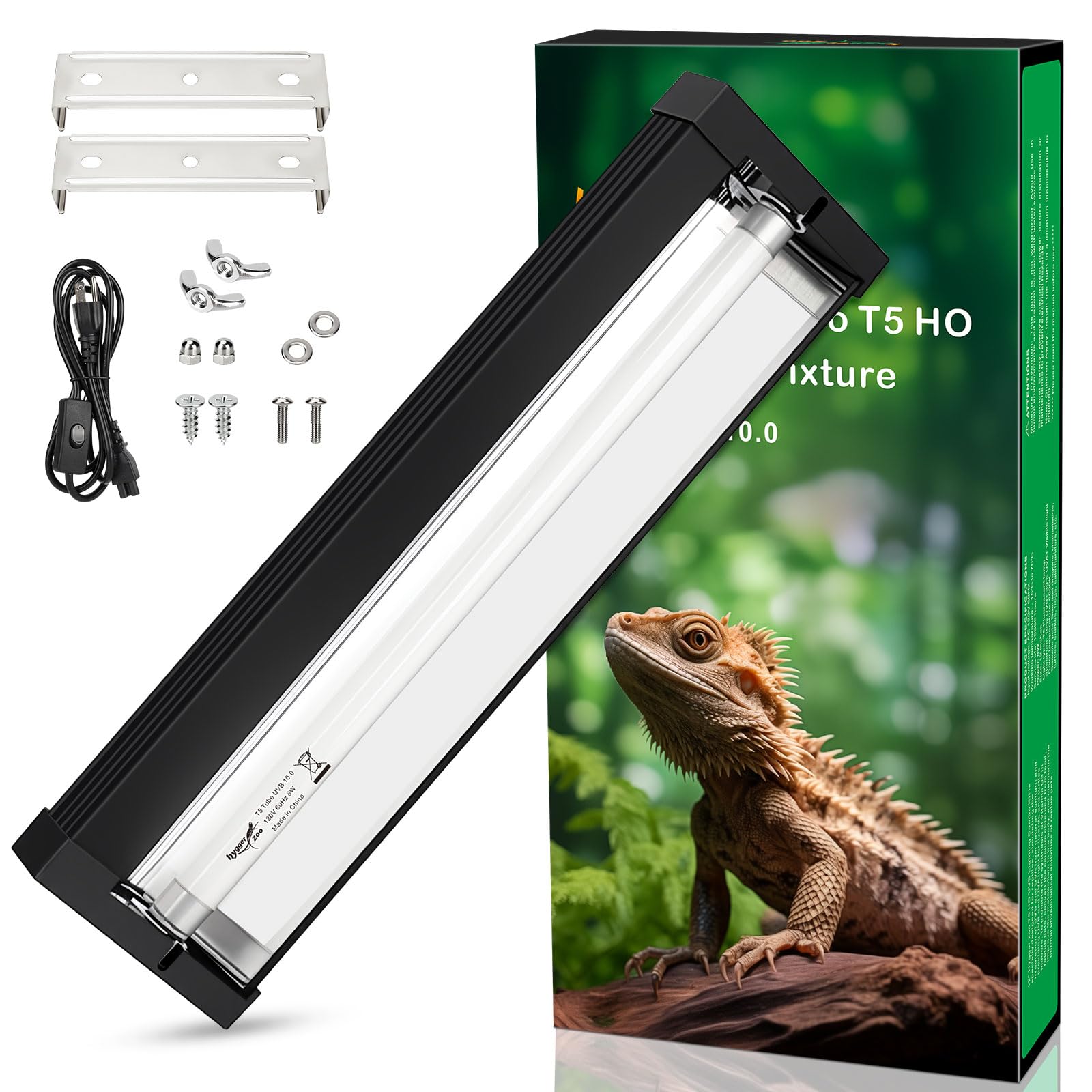 T5 UVB Reptile Light Fixture Upgrade Square HO UVB Bulb Lighting Combo Kit 10.0 UVB Light for Reptiles Terrarium Fluorescent 8W Reptile Light Bar UVA UVB Desert Lamp for Bearded Dragon Turtle Tank
