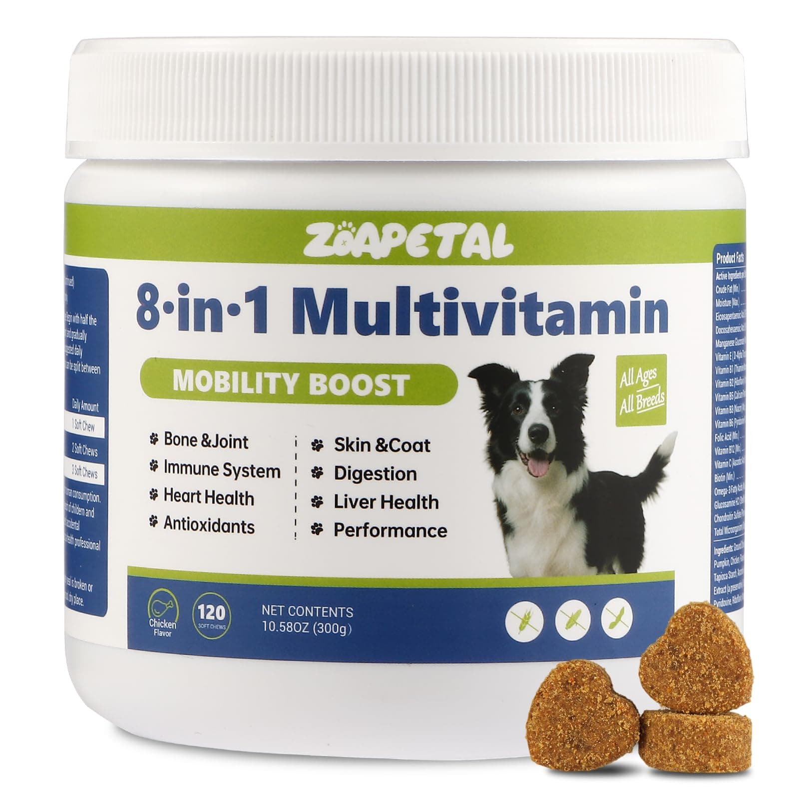 Dog Multivitamin Soft Chews – Glucosamine, Chondroitin, Probiotics & Omega-3 for Joint, Skin & Coat, Heart, Digestive & Immune Support – Chicken Flavor, 120 Soft Chews, ZOAPETAL