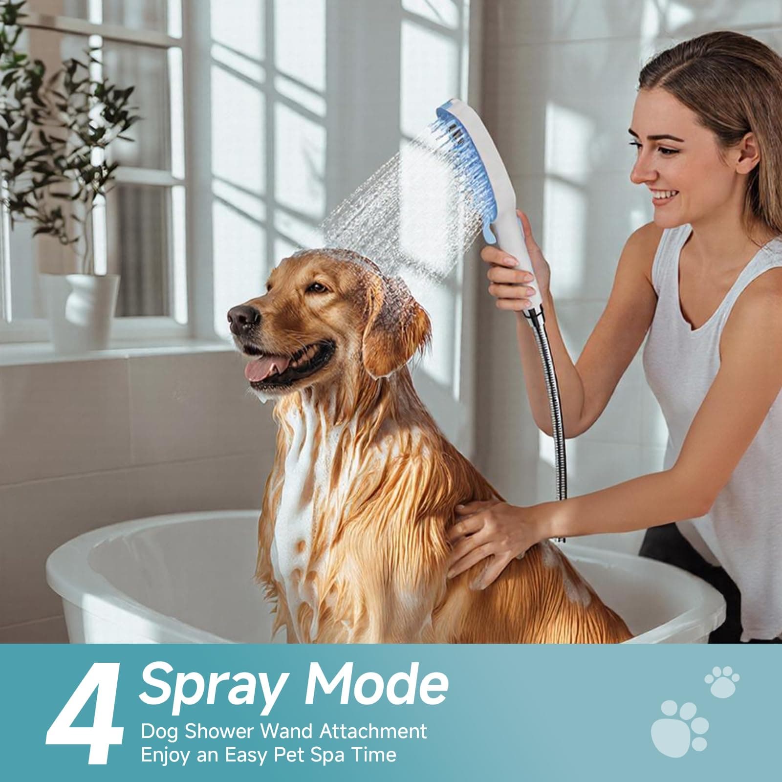 SR SUN RISE Dog Shower Attachment for Thick Haired Dogs, 4 Spray Mode Pet Bath Sprayer with Stainless Steel Diverter Valve & 6.5 Foot Hose, Indoor & Outdoor Dog Washing Grooming Supplies, Blue/White - image 2