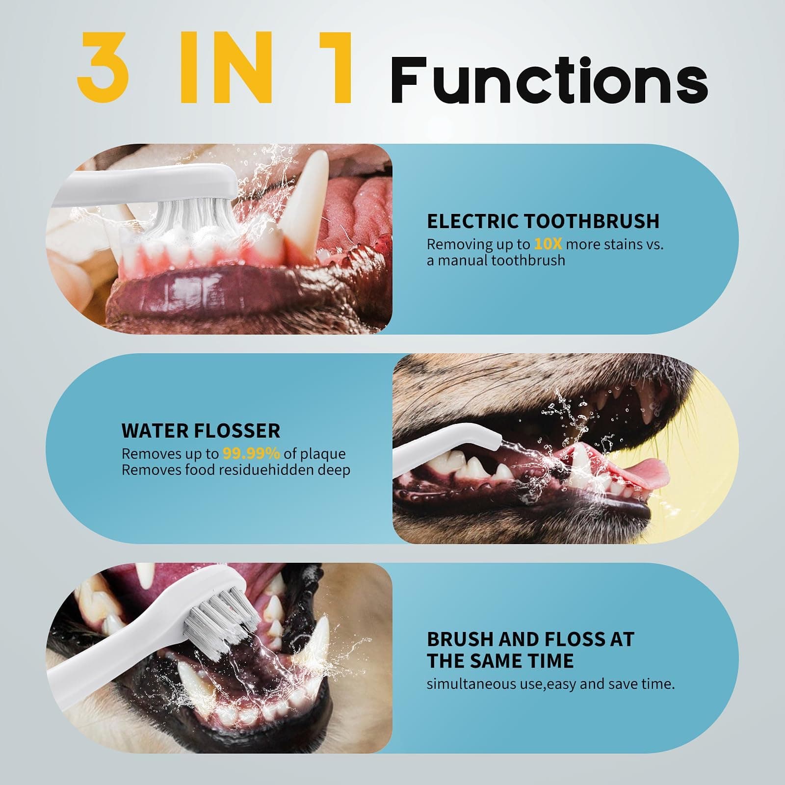 Dog Tooth Brushing Kit, 3-in-1 Dog Electric Toothbrush with Water Flosser, Dog Teeth Cleaning Tools with 3 Modes, Deep Cleaning Kit for Dogs and Cats, IPX7, 1100mAh Battery, White - image 3