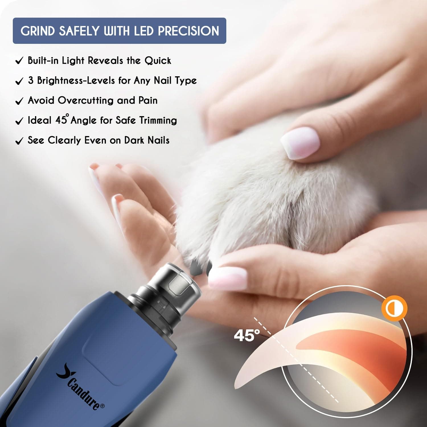 Candure Dog Nail Grinder Upto 6-Speed Dog Nail Trimmer for Large, Medium, Small Dogs, Cats & Pets - Low Noise Rechargeable Dog Claw Grinder with 360° LED Lights & Extra Grinder Head (Dark Blue) - image 6