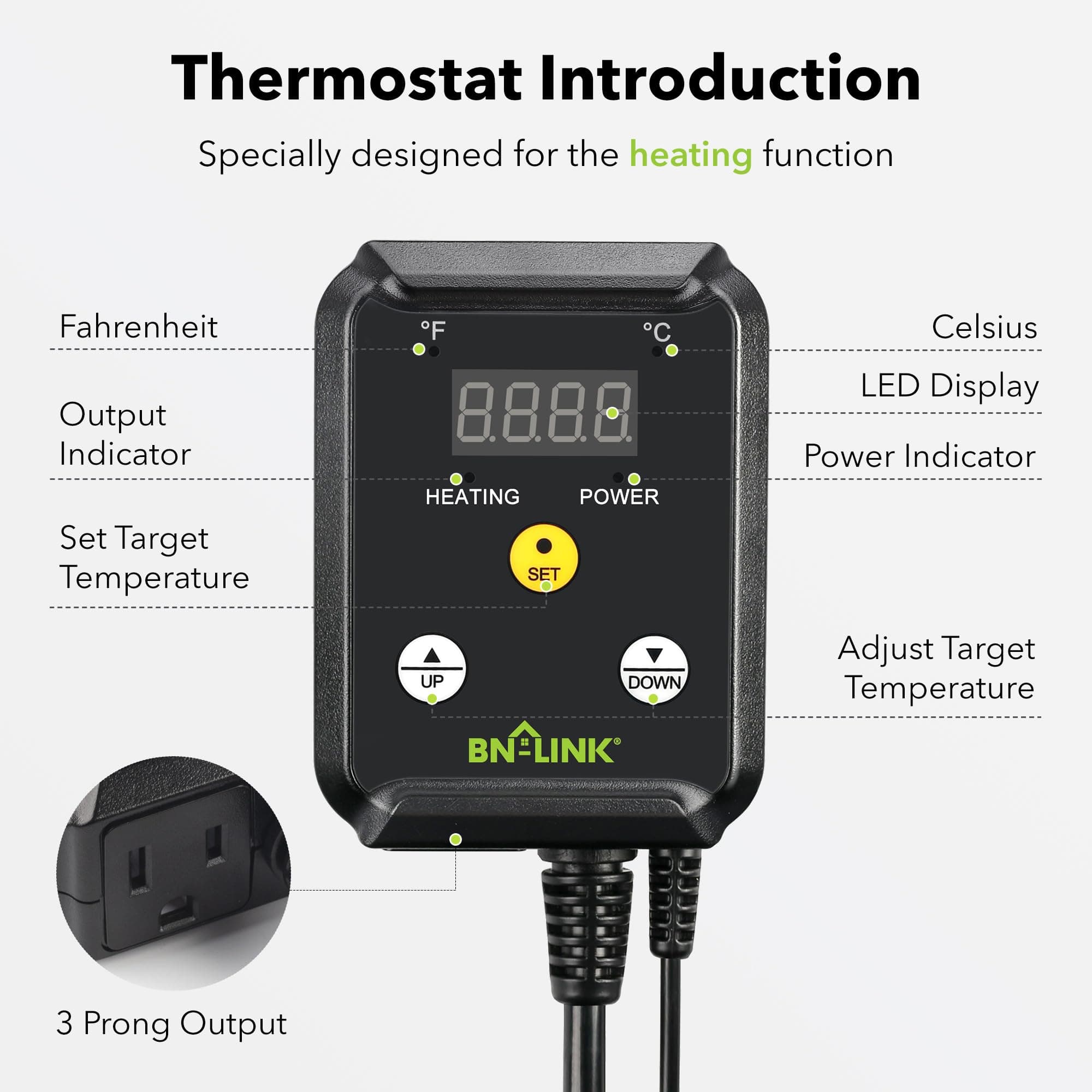 BN-LINK Reptile Thermostat Temperature Controller, Digital Heat Mat Thermostat for Seed Starting, Plant Germination, Greenhouse, Incubator, Brooder, Brewing, Reptiles Tank,40-108°F, 1000W, ETL Listed - image 2
