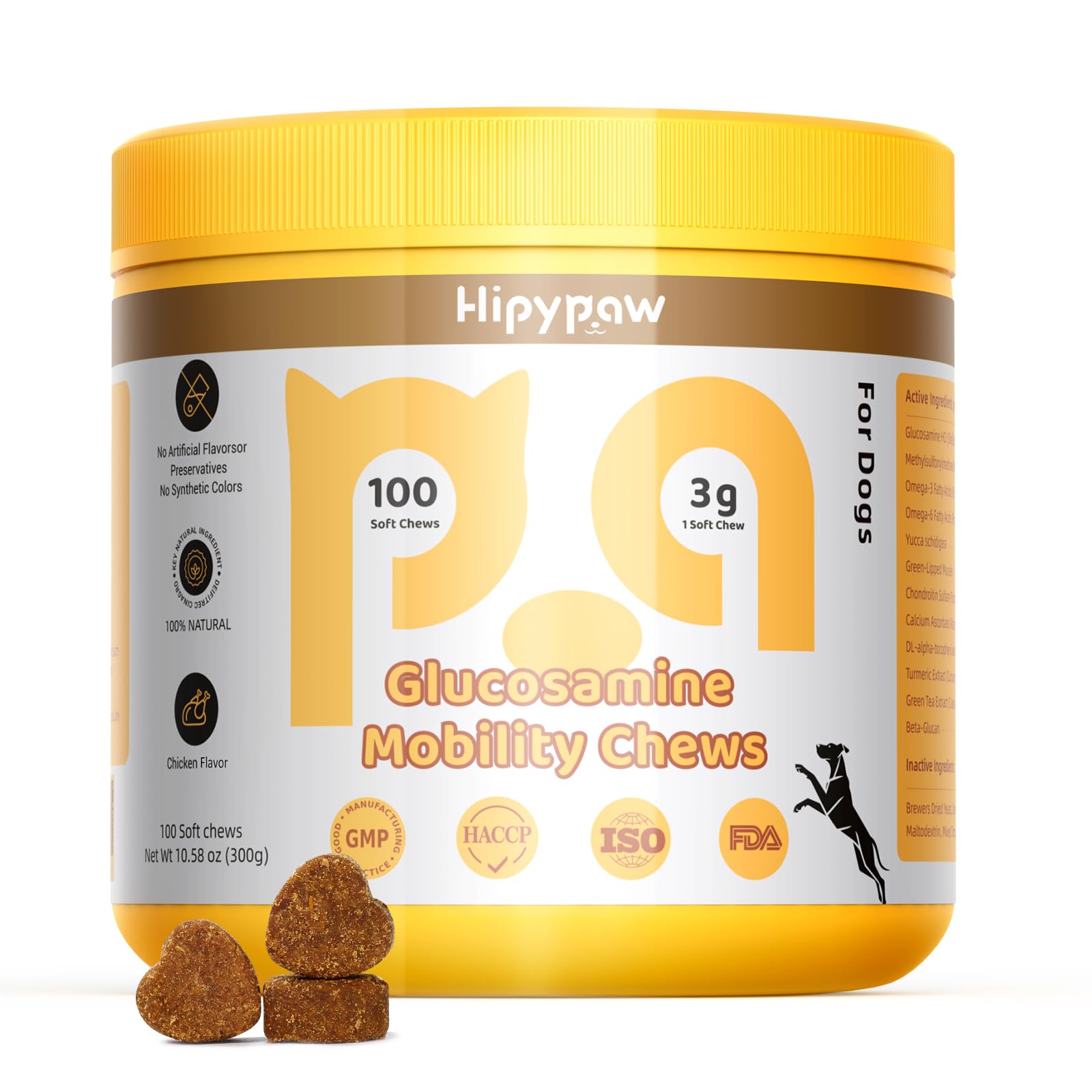 HipyPaw Hip & Joint Supplement for Dogs: Dog Chondroitin Chewable Tablets for Hips and Joints with Glucosamine, MSM, and Green-Lipped Mussels - Joint Pain Relieves Mobility - Chicken Flavor (100 PCs)
