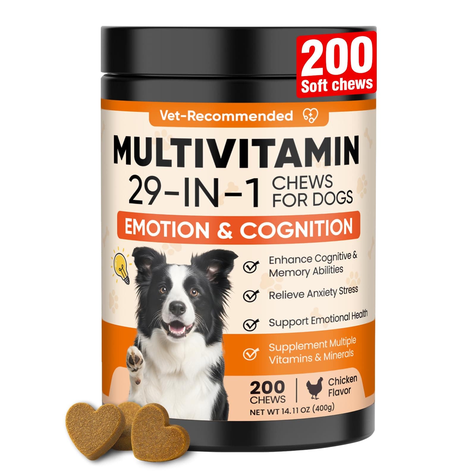 29-in-1 Advanced Cognition Dog Vitamins and Supplement with Melatonin Omega-3 L-Theanine 200 Ct Dog Multivitamins Chewable Supports Cognitive Function, Nervous System, Overall Health - Chicken Flavor