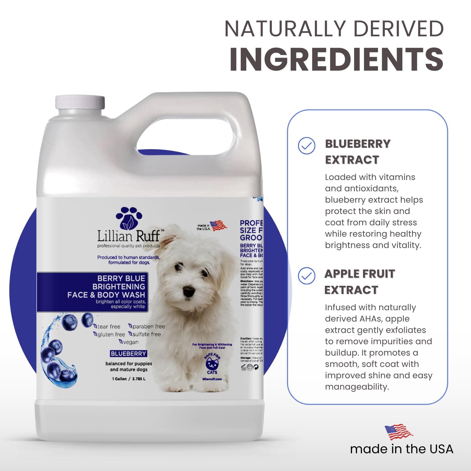 Lillian Ruff PRO Formula Berry Blue Brightening Pet Shampoo - Ultra-Hydrating Professional Whitening Dog Shampoo, Vivid Show-Quality Coat Enhancer, Tear Stain & Odor Eliminator, Vitamin B5, 128oz+Pump - image 4