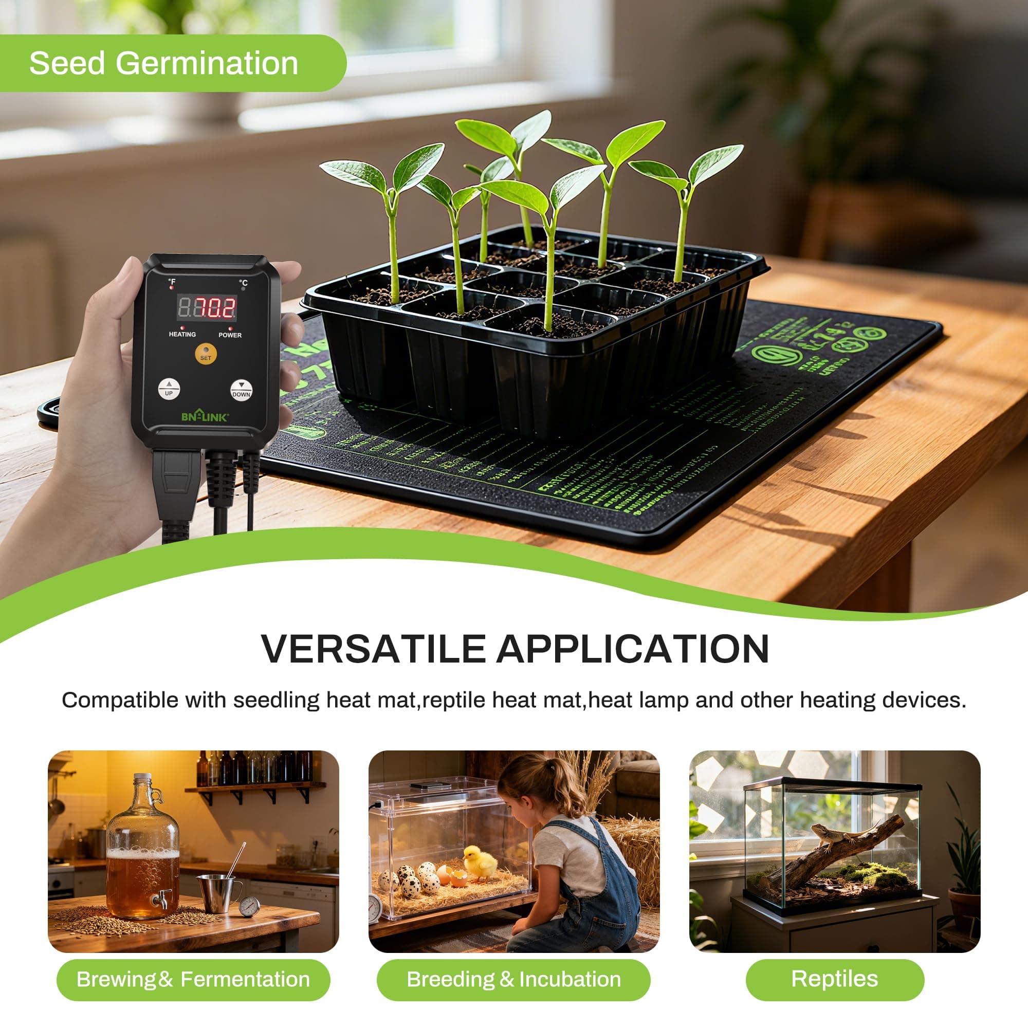 BN-LINK Reptile Thermostat Temperature Controller, Digital Heat Mat Thermostat for Seed Starting, Plant Germination, Greenhouse, Incubator, Brooder, Brewing, Reptiles Tank,40-108°F, 1000W, ETL Listed - image 5