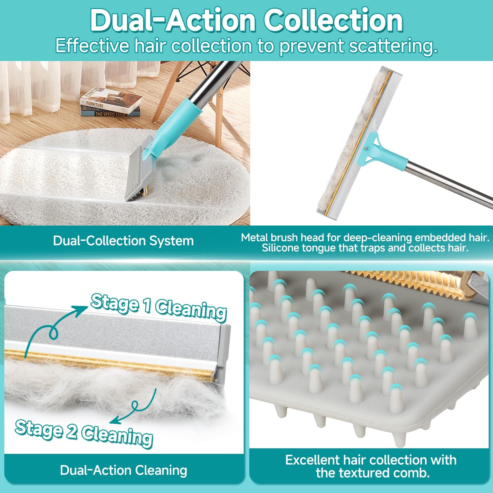 Carpet Rake for Pet Hair Removal Tool, Reusable Pet Hair Remover Broom, Dog&Cat Hair Remover Scraper Rake with 54” Adjustable Long Handle, 3 Pcs Carpet Brush Rake for Rugs, Mats, Couch, Furniture - image 3