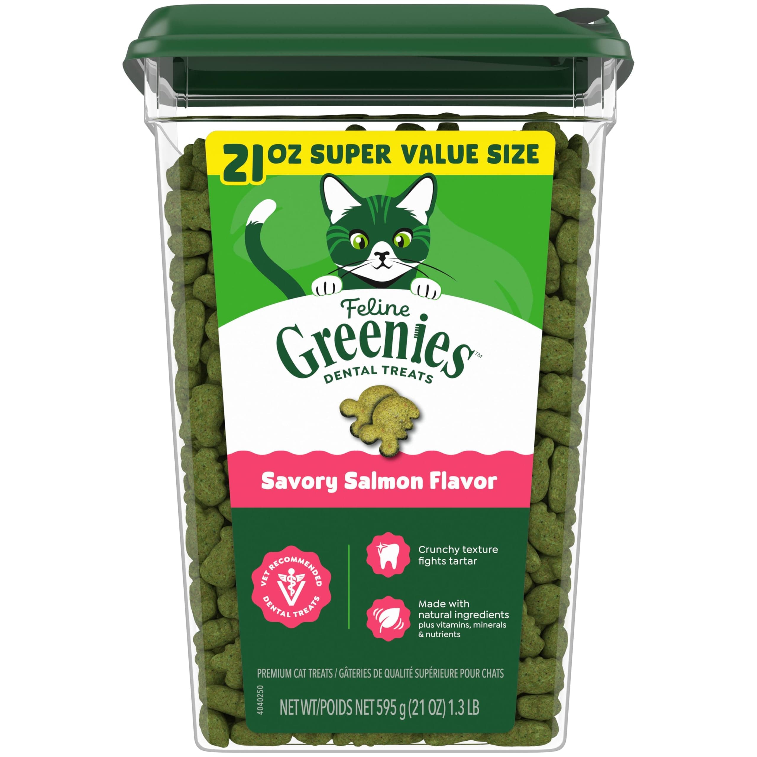 Greenies Cat Treats, Feline Veterinarian-Recommended Adult Natural Dental Cat Treats, Savory Salmon Flavor, 21 oz. Tub