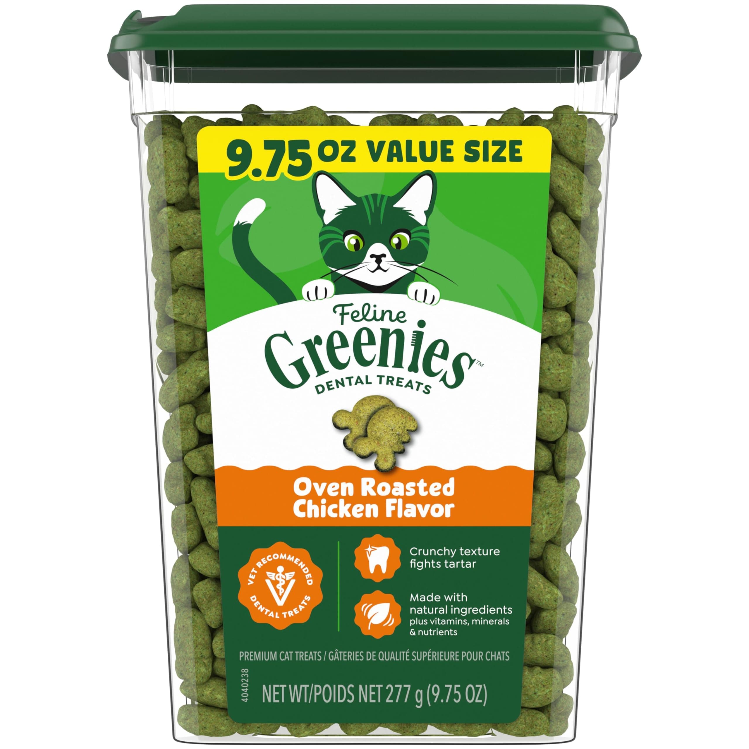 Greenies Cat Treats, Feline Veterinarian-Recommended Adult Natural Dental Cat Treats, Oven Roasted Chicken Flavor, 9.75 oz. Tub