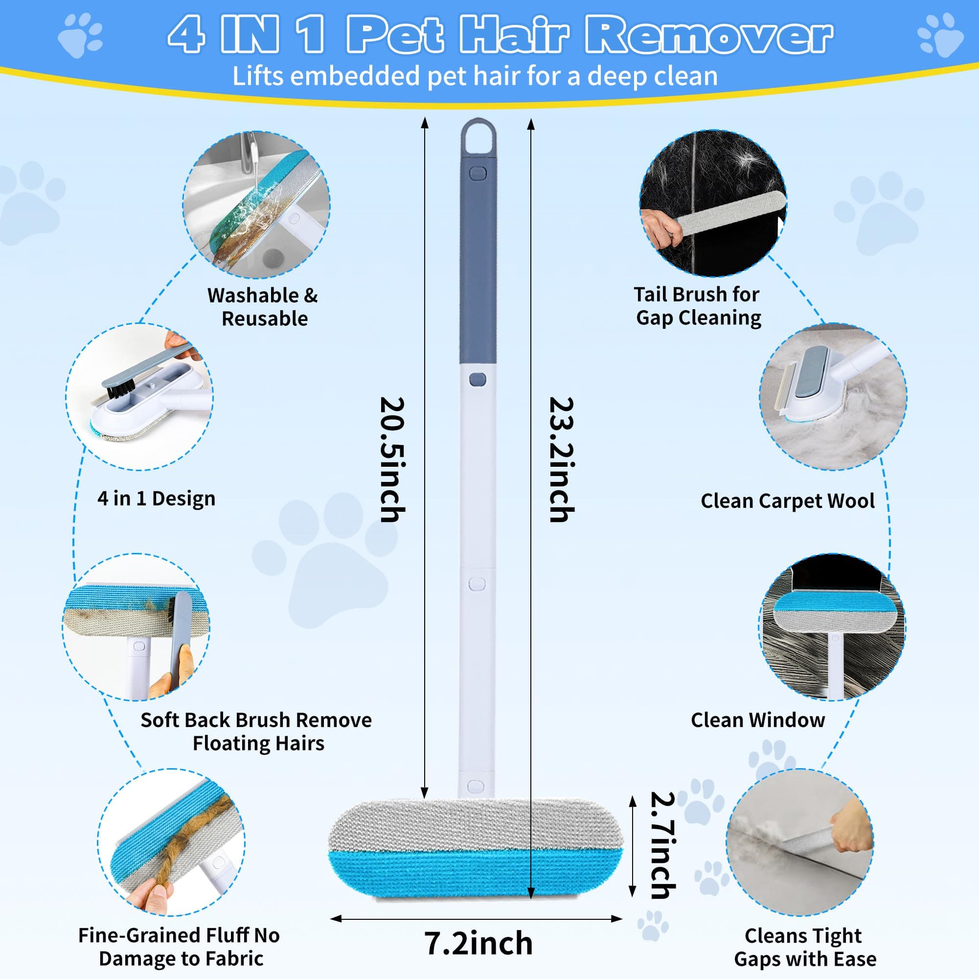 Pet Hair Remover for Furniture – 23.2Inch Reusable Dog & Cat Hair Removal Brush, Washable Lint Cleaner with Long Handle, 4-in-1 Pet Hair Remover for Couch, Carpet, Clothes & Bedding - image 6