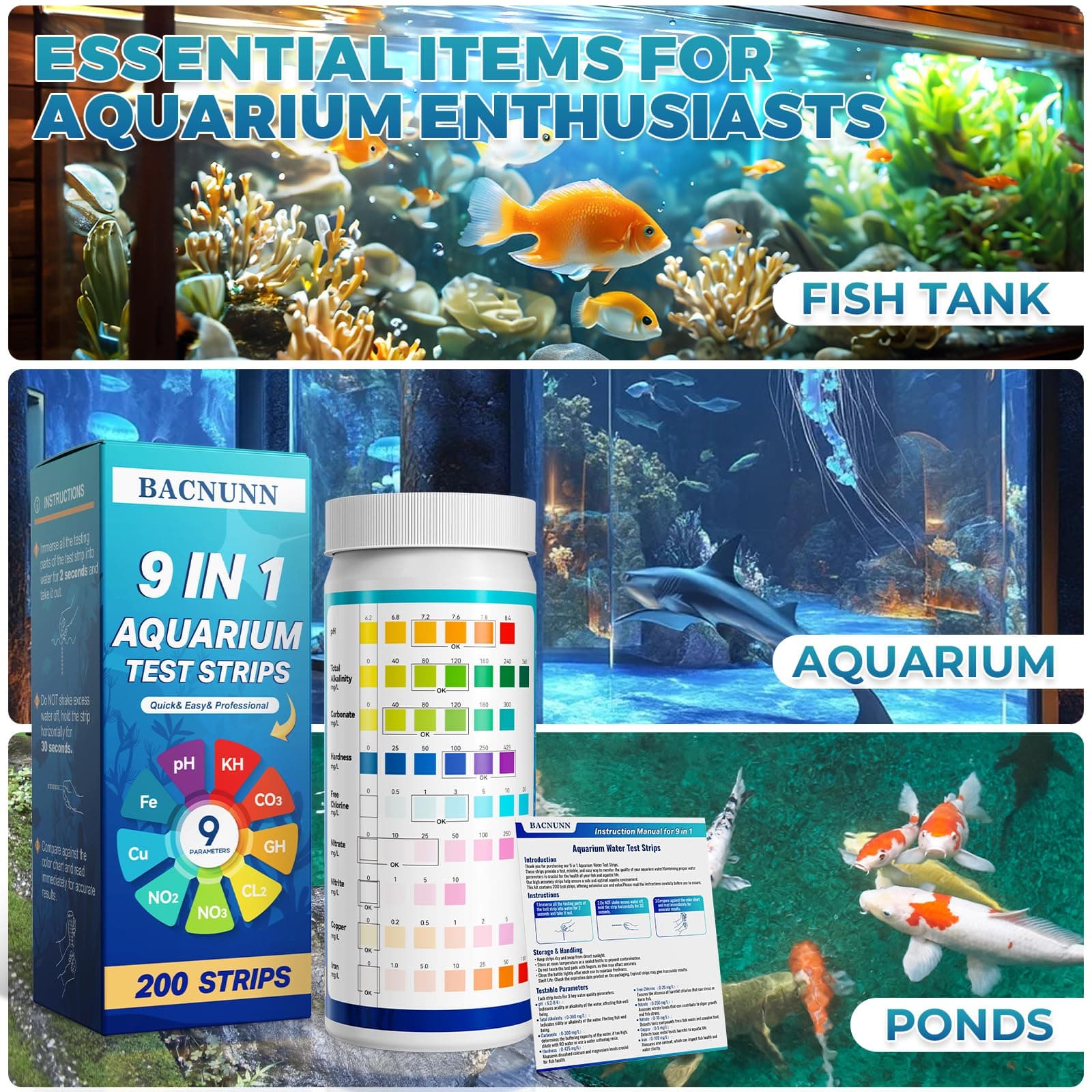 Aquarium Test Strips: 200CT 9 in 1 Quick & Accurate Fish Tank Water Testing Kit for Freshwater Pond Testing Nitrate Nitrite Hardness Free Chlorine pH Carbonate Total Alkalinity Copper Iron - image 7