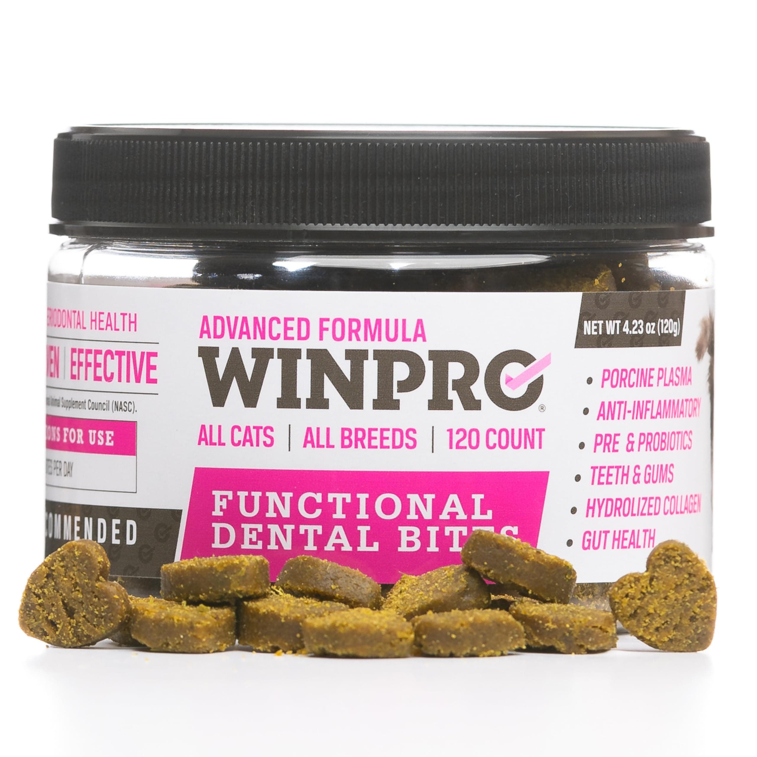 WINPRO Functional Dental Bites for Cats, Plasma-Powered Formula for Supporting Healthy Teeth and Gums, Probiotic Blend, Catnip Flavor, All Cat Breeds, 120 Count