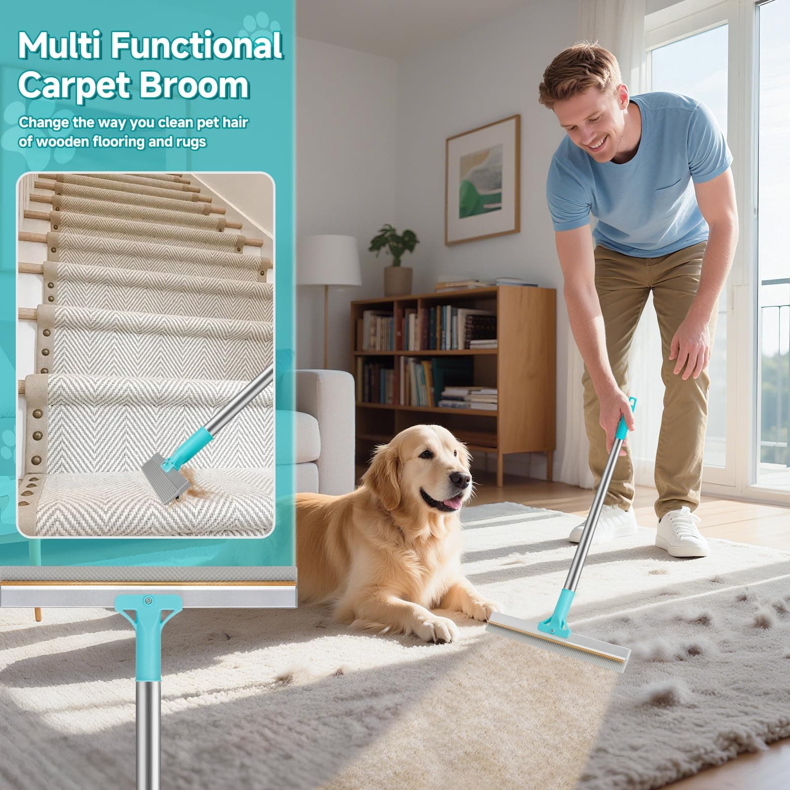 Carpet Rake for Pet Hair Removal Tool, Reusable Pet Hair Remover Broom, Dog&Cat Hair Remover Scraper Rake with 54” Adjustable Long Handle, 3 Pcs Carpet Brush Rake for Rugs, Mats, Couch, Furniture - image 8