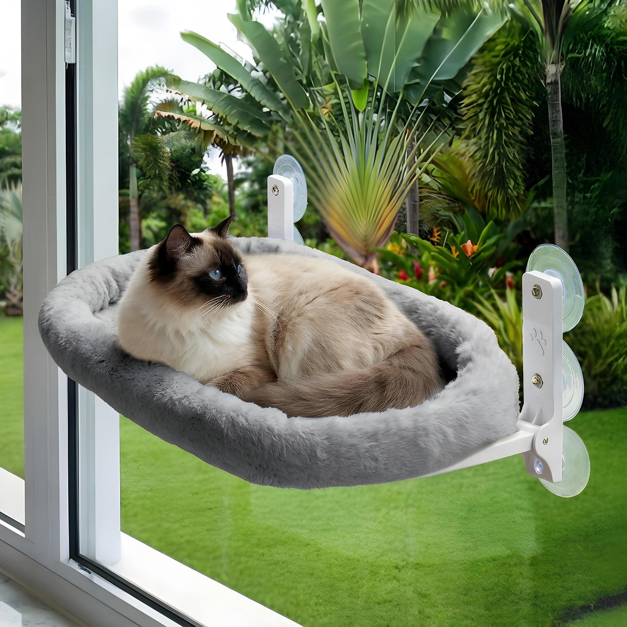 Golden Sheaves Cat Window Perch – Strong 6 Suction Cup Foldable Cat Hammock Bed for Large Cats and Kittens That Holds up to 50 lbs with Washable Reversible Cover, Sturdy Metal Frame for Window (Gray)