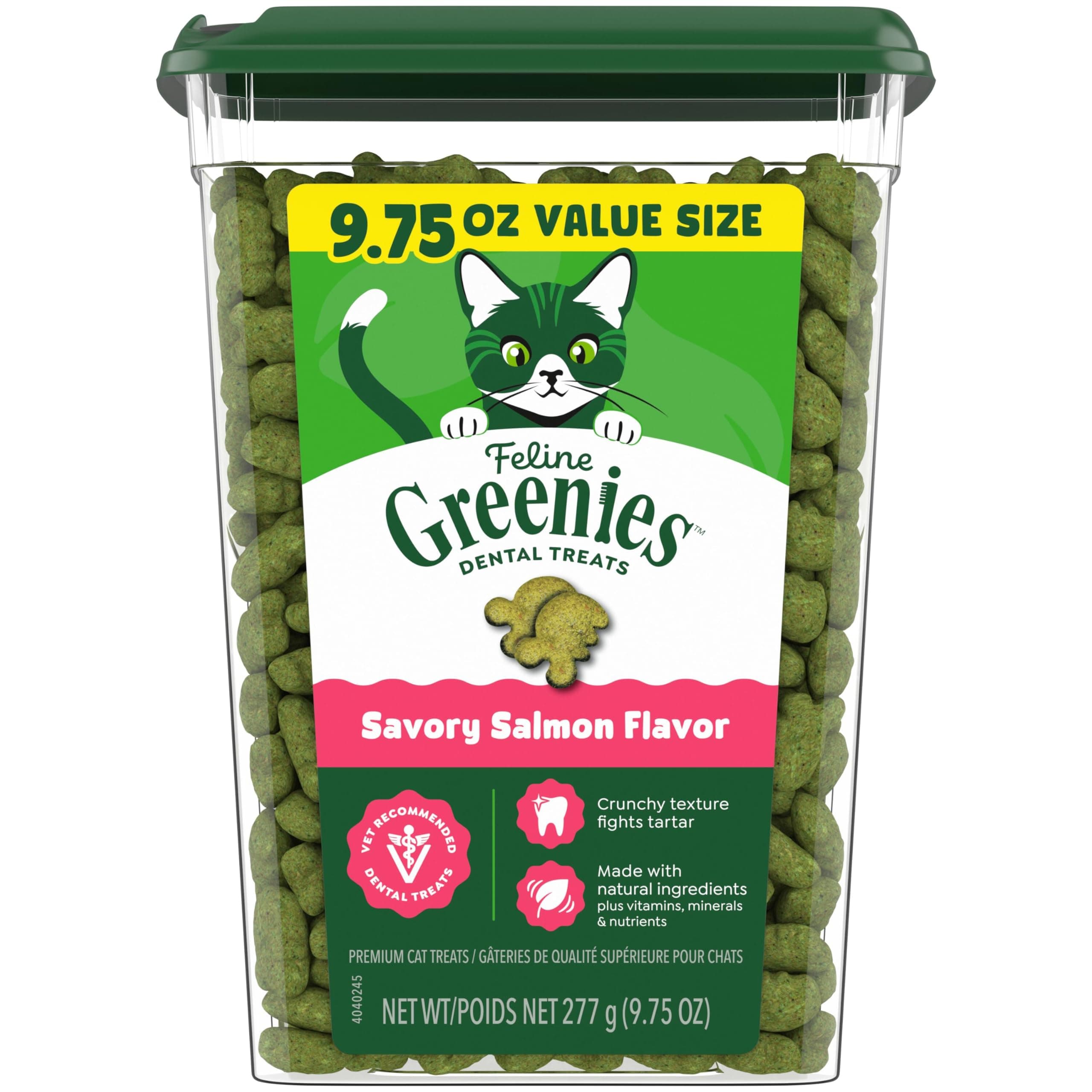 Greenies Cat Treats, Feline Veterinarian-Recommended Adult Natural Dental Cat Treats, Savory Salmon Flavor, 9.75 oz. Tub