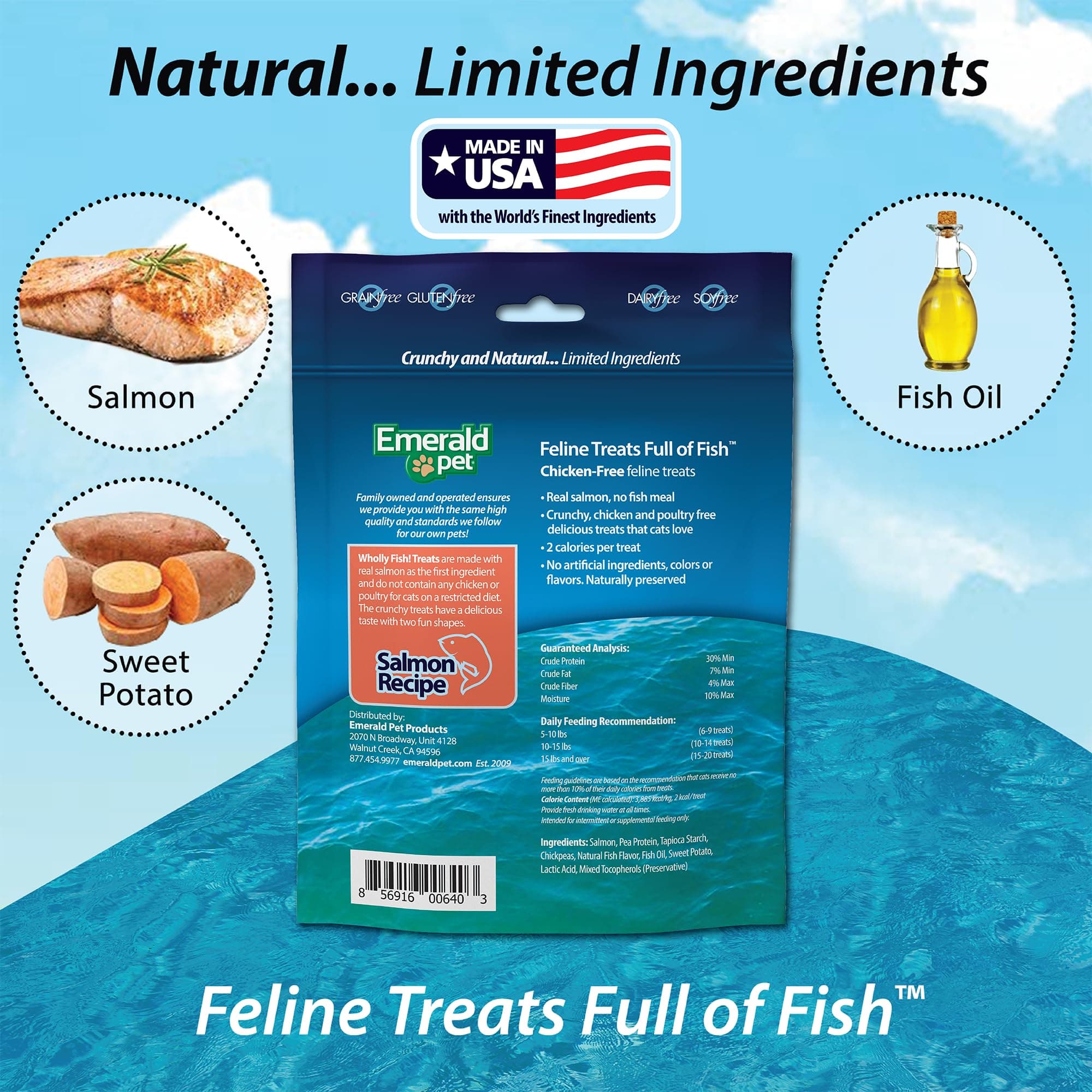 Emerald Pet Wholly Fish! Chicken-Free Feline Treats, Salmon Recipe — Tasty and Crunchy Salmon Cat Treats — Chicken-Free, Grain Free, Natural Cat Treats — Made in USA, 3 oz - image 4