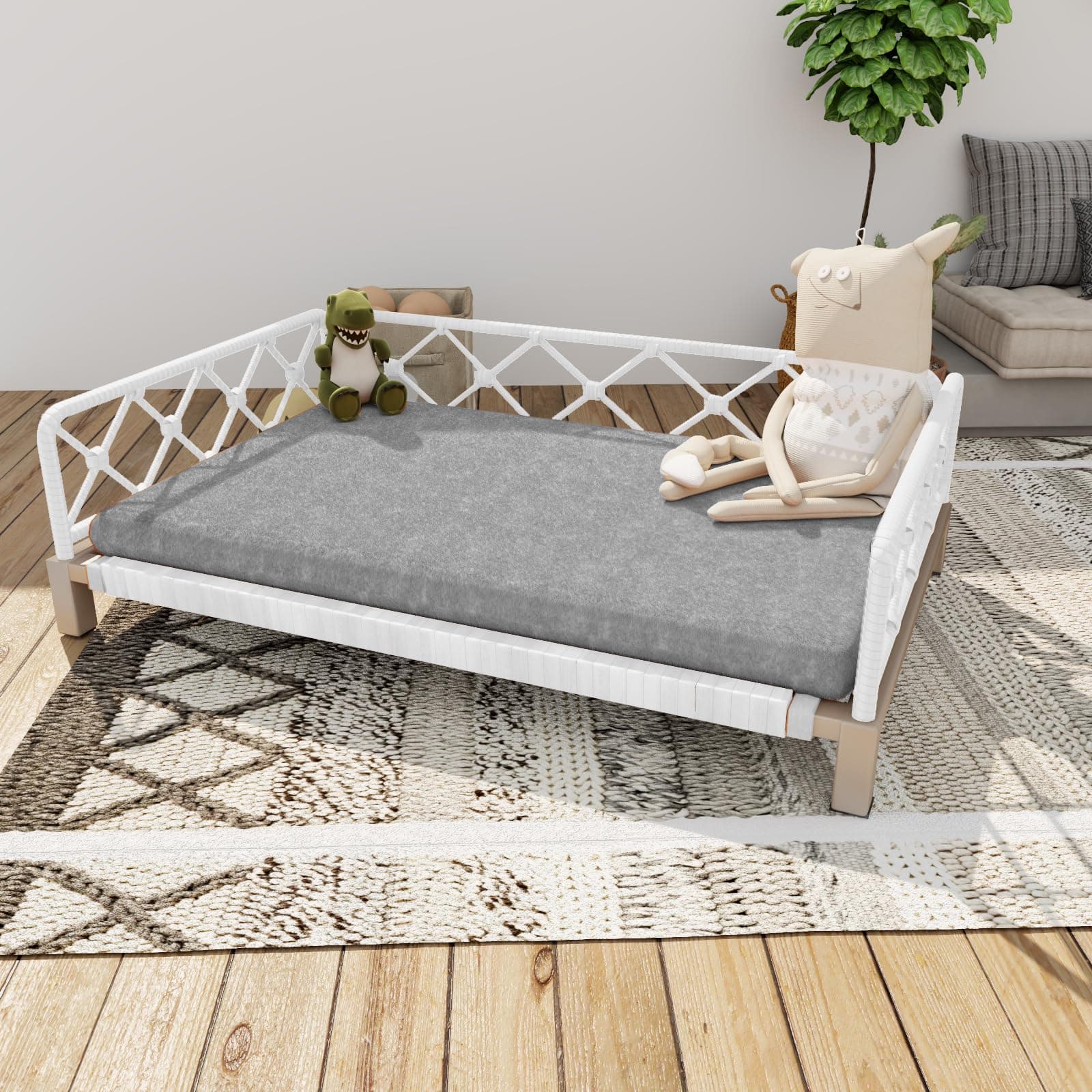 Dog Bed, Outdoor Waterproof Elevated Dog Couch with Washable Removable Cushion, Boho White Rattan Wicker Orthopedic Indoor Raised Pet Sofa for Large Dogs (40" x 25", Gray)