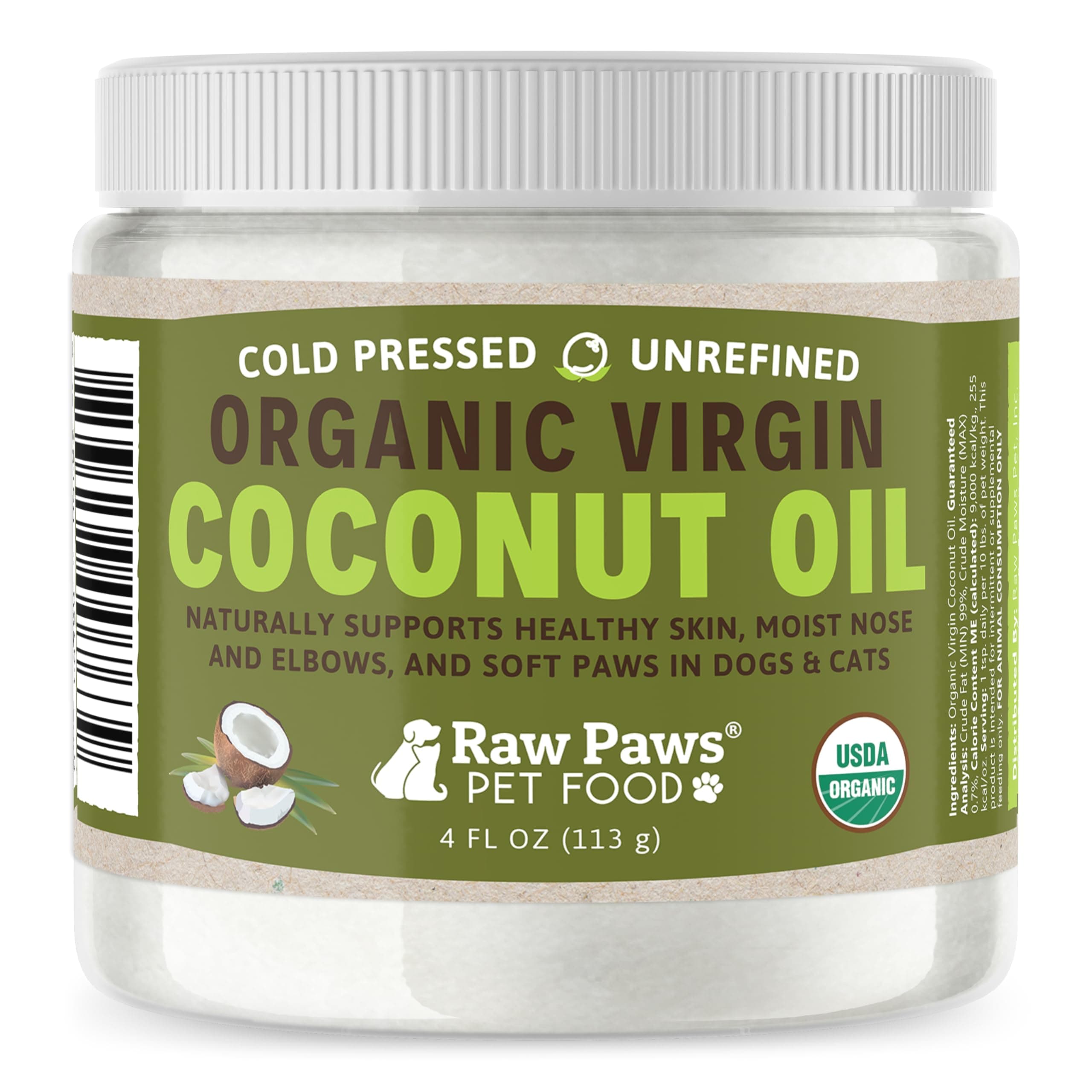 Raw Paws Virgin Organic Coconut Oil for Dogs & Cats, 4-oz - Treatment for Itchy Skin, Dry Nose, Paws - Hot Spot Lotion - Natural Hairball Remedy for Cats