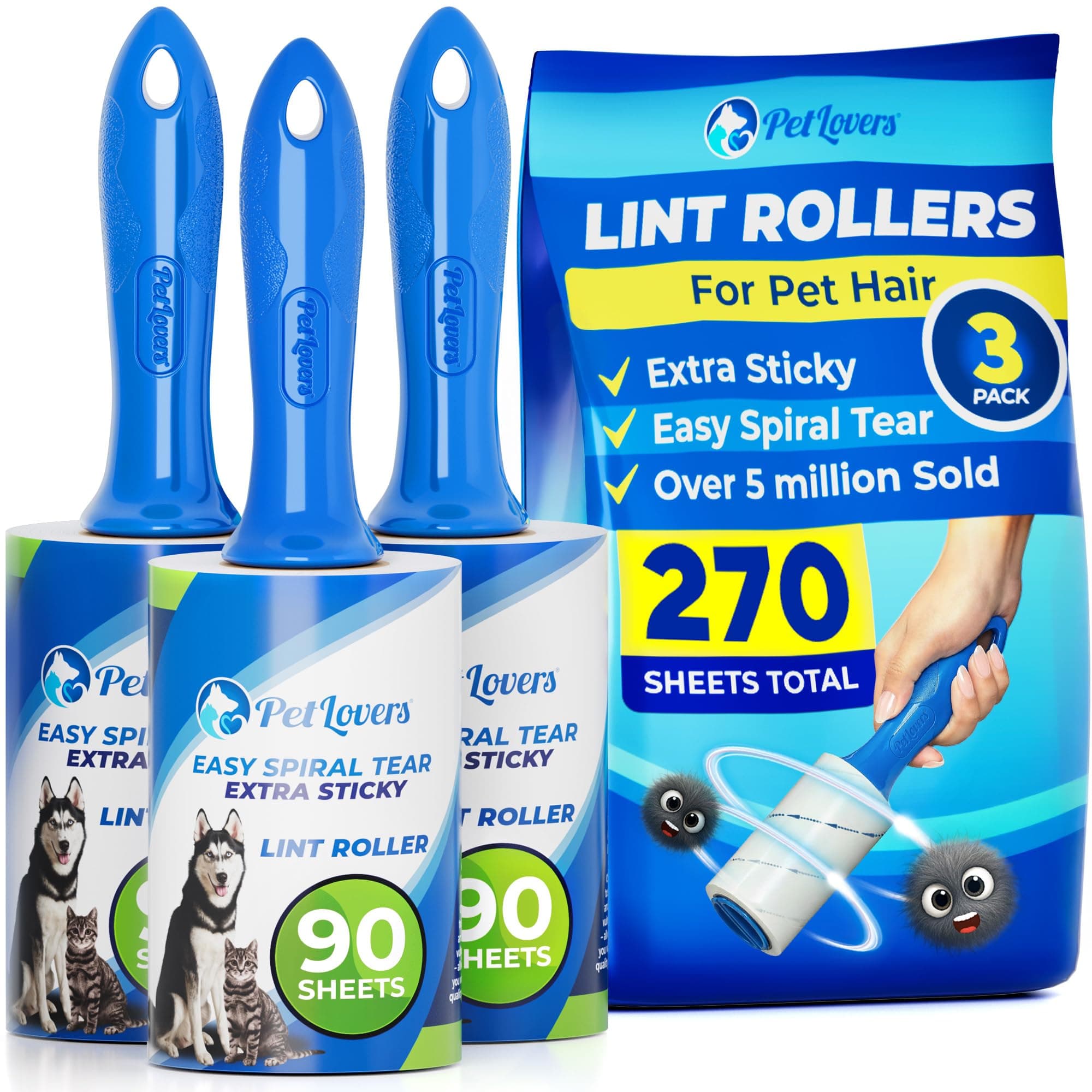 PetLovers Extra Sticky Lint Roller Value Set 270 Sheets for Pet Hair Removal and Clothes, Dog and Cat Lint Remover, 3 Pack