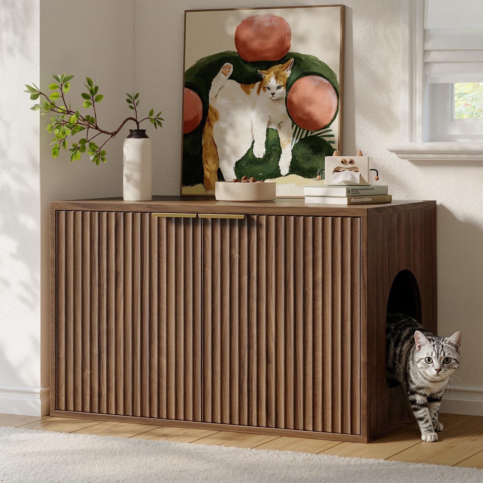 Evermagin 31.5" Walnut Cat Litter Box Enclosure Furniture, Large Hidden Litter Box Cabinet, Mid Century Modern Indoor Cat House Kitty End Table for Living Room, Entryway, Bedroom