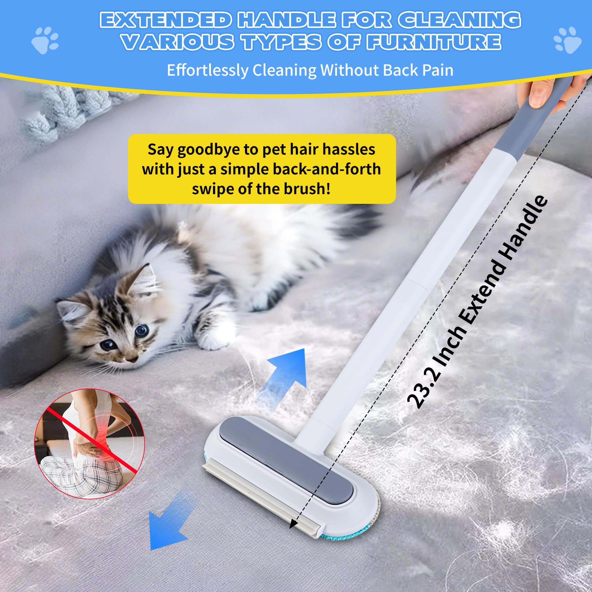 Pet Hair Remover for Furniture – 23.2Inch Reusable Dog & Cat Hair Removal Brush, Washable Lint Cleaner with Long Handle, 4-in-1 Pet Hair Remover for Couch, Carpet, Clothes & Bedding - image 5