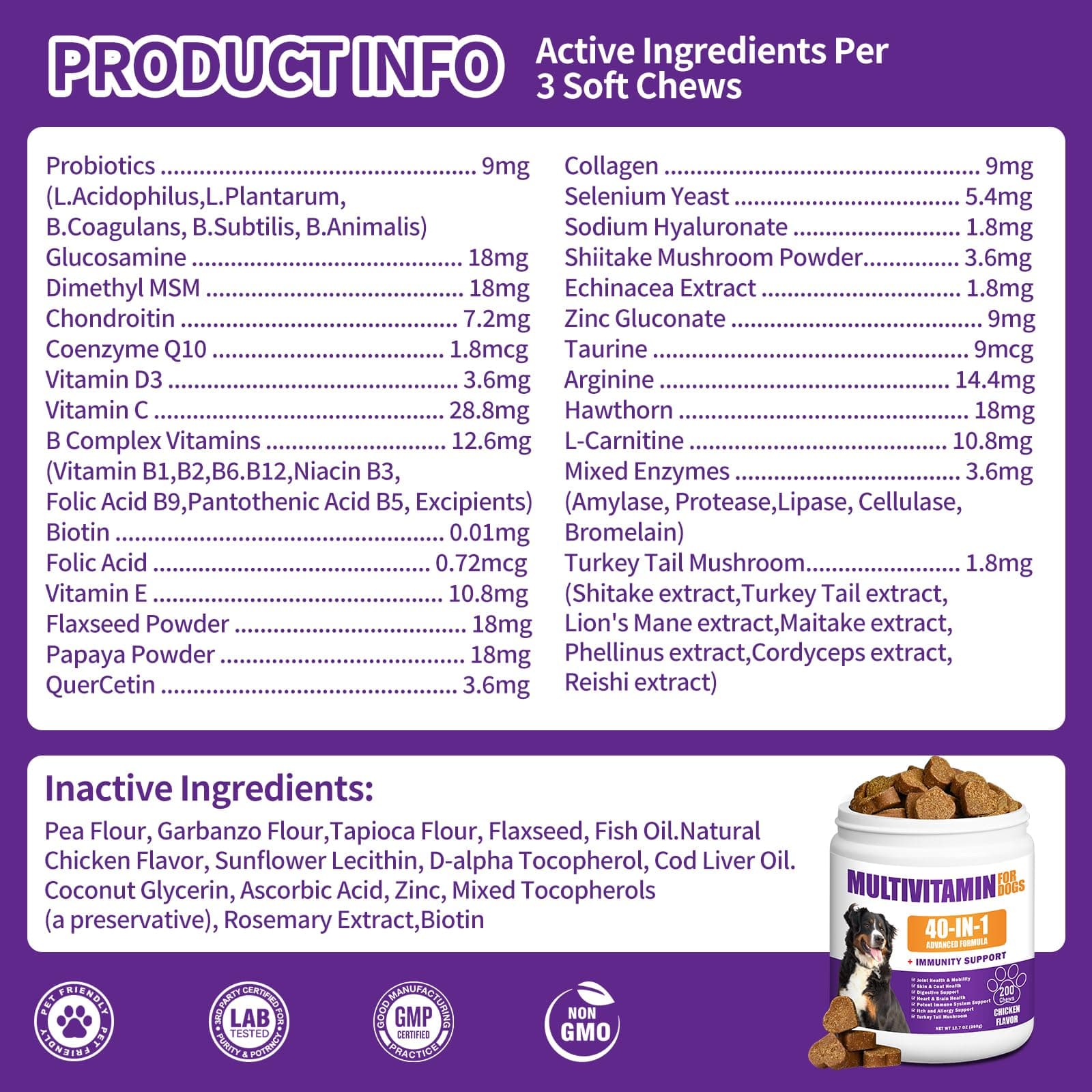 40 in 1 Dog Vitamins and Supplements 200Ct Dog Multivitamin Chewable, Immunity Support Multivitamin Vitamins with Turkey Tail Mushroom, Skin & Coat, Mobility, Gut & Heart Health, Hip & Joint Support - image 7