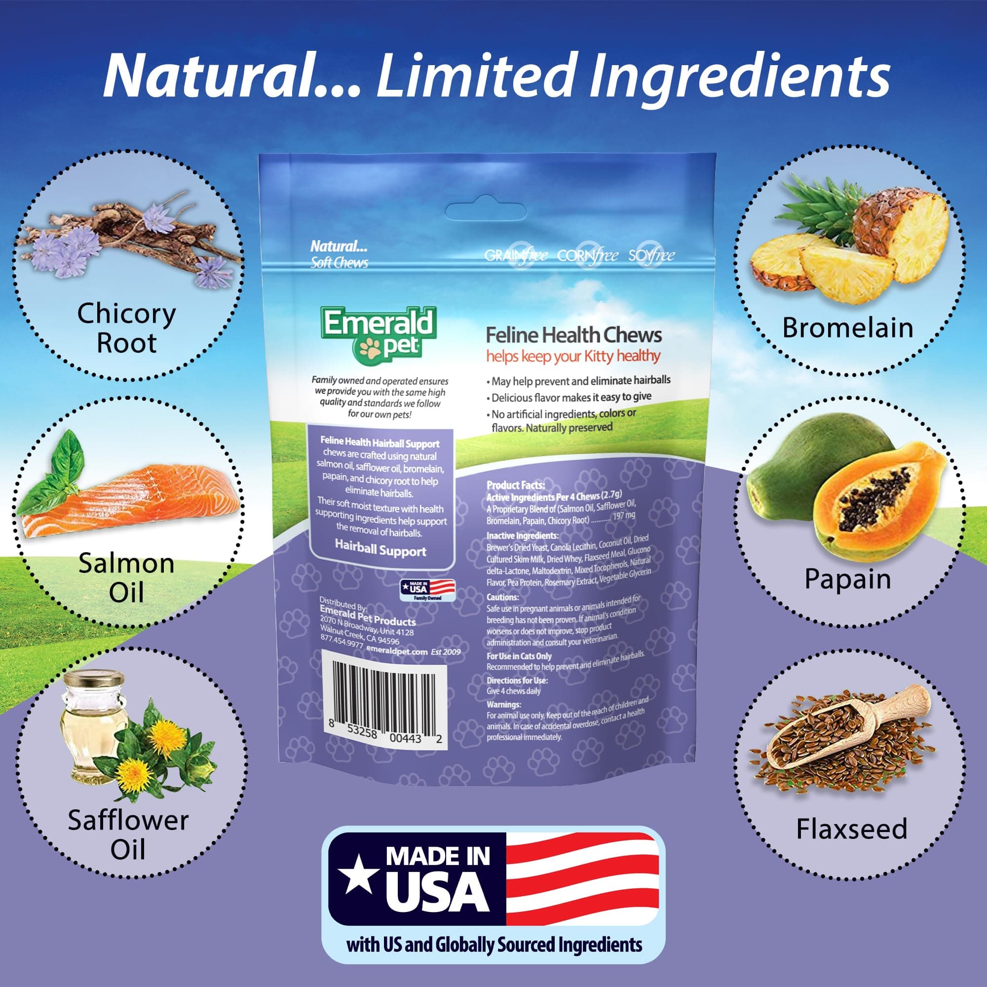 Emerald Pet Feline Health Chews Hairball Support — Natural Grain Free Feline Hairball Control Chews — Hairball Control Cat Supplements for Hairball Prevention and Elimination — Made in USA, 2.5 oz - image 4